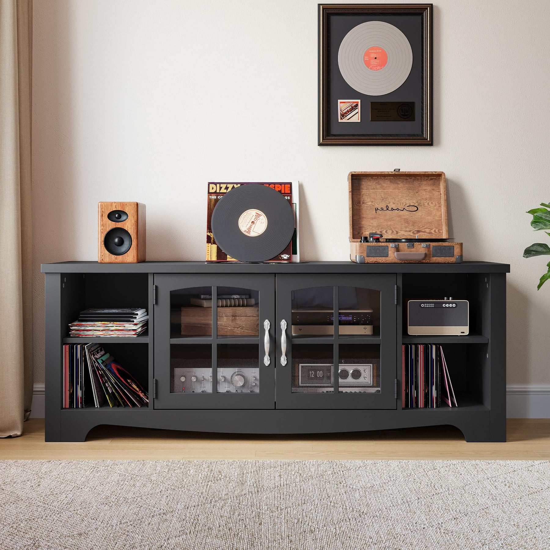 LINSY HOME Farmhouse TV Stand for 65 Inch TV, Wood Entertainment Center with Glass Door Storage Cabinet & Adjustable Shelves, Large Sturdy TV Console Table for Living Room Bedroom