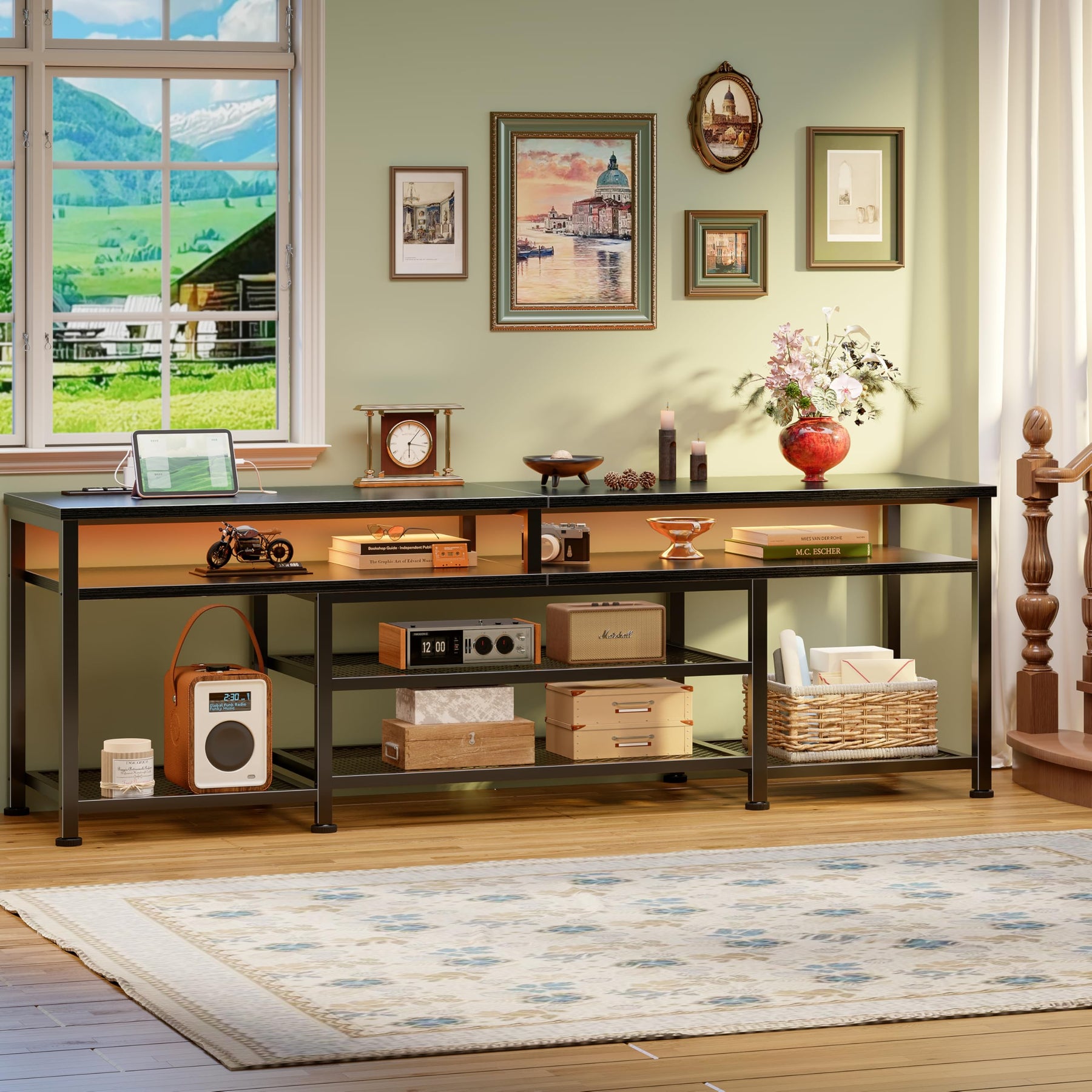 Furologee TV Stand with Power Outlets and LED Lights, 63 Inch Entertainment Center for 60 65 70 Inch TVs, Media Console Table with Open Shelves, for Bedroom, Living Room, Black