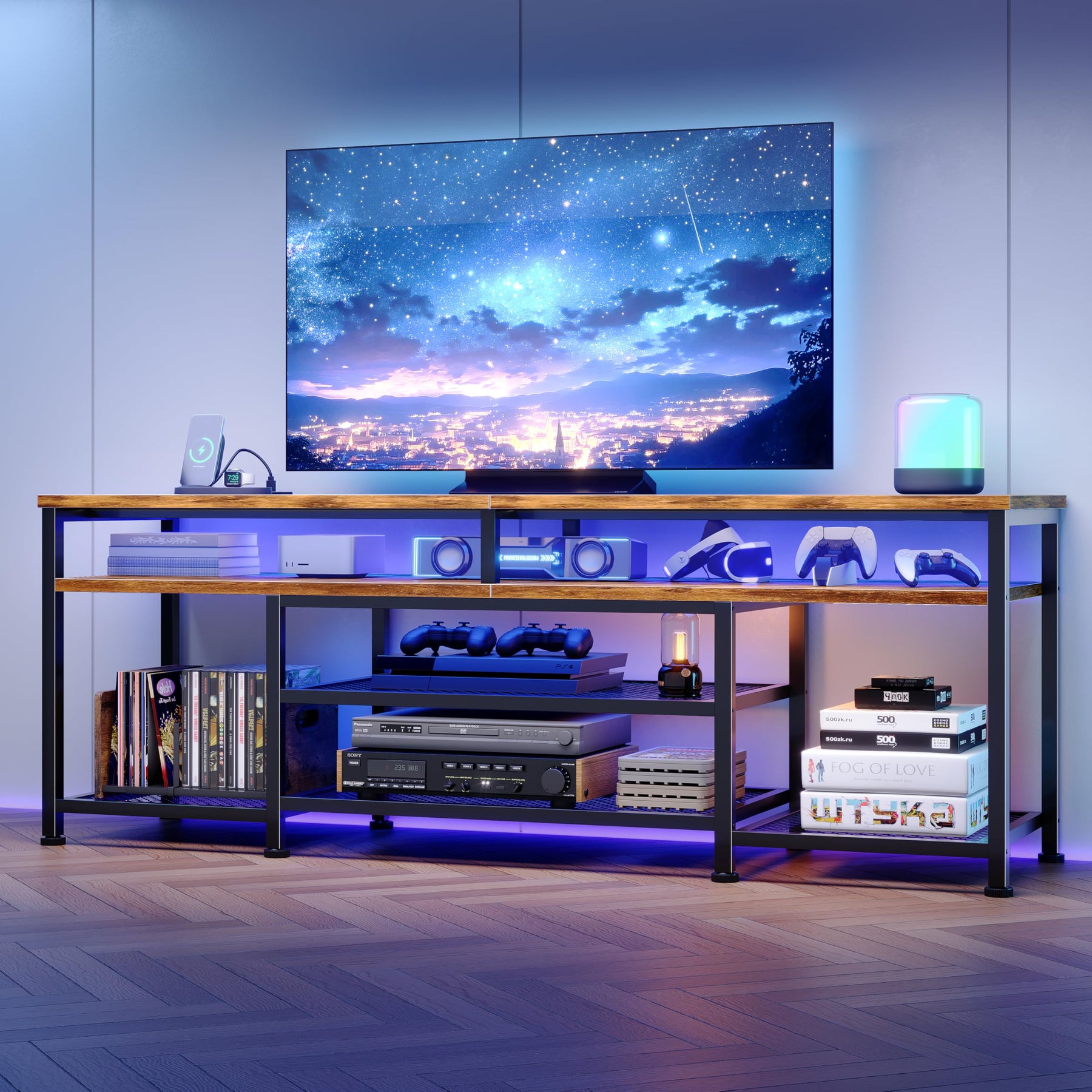 Furologee TV Stand with Power Outlets and LED Lights, 63 Inch Entertainment Center for 60 65 70 Inch TVs, Media Console Table with Open Shelves, for Bedroom, Living Room, Black