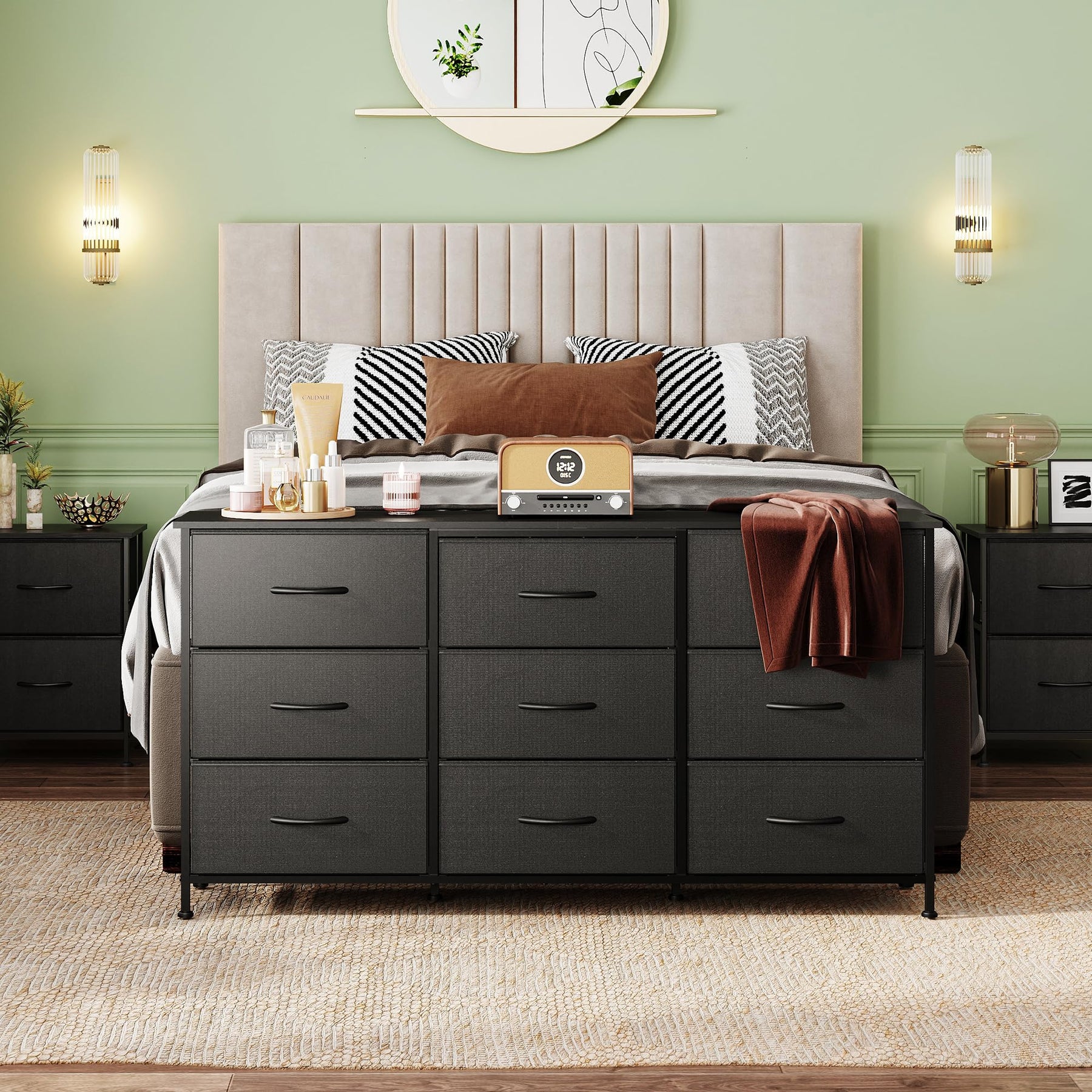 WLIVE Dresser TV Stand for 75 Inch TV, 9 Drawer Dresser for Bedroom, Black