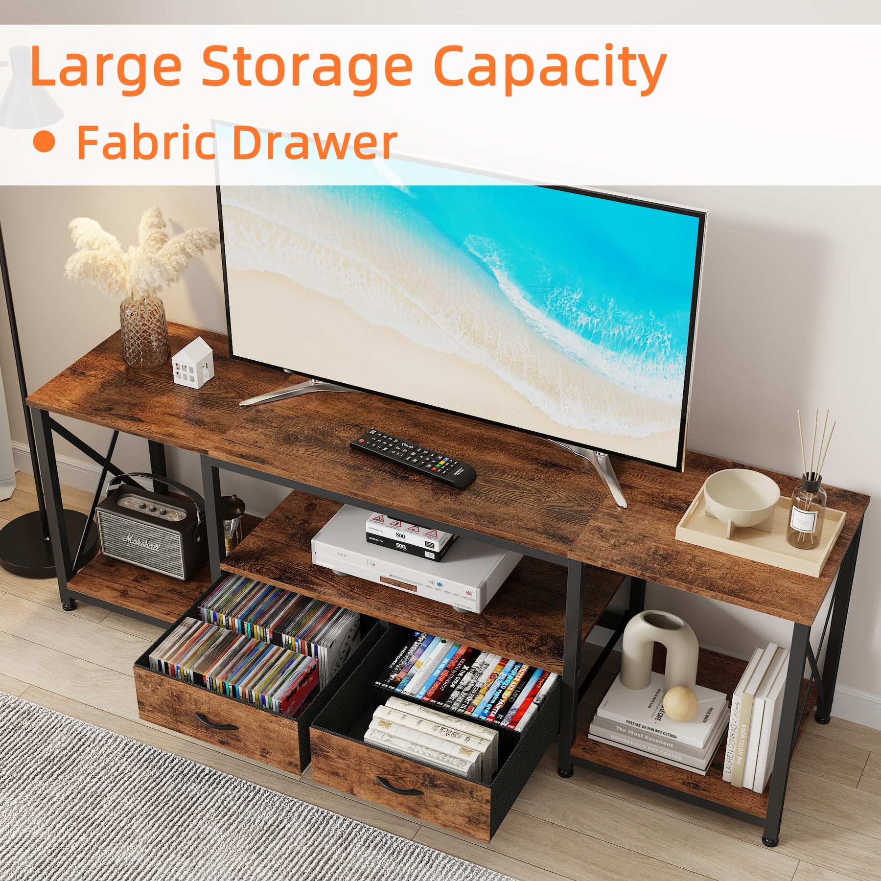 GYIIYUO TV Stand with Fabric Drawer - Entertainment Center and Industrial TV Console Table with Open Storage Shelves for Living Room, Bedroom - 55.1" Rustic Brown