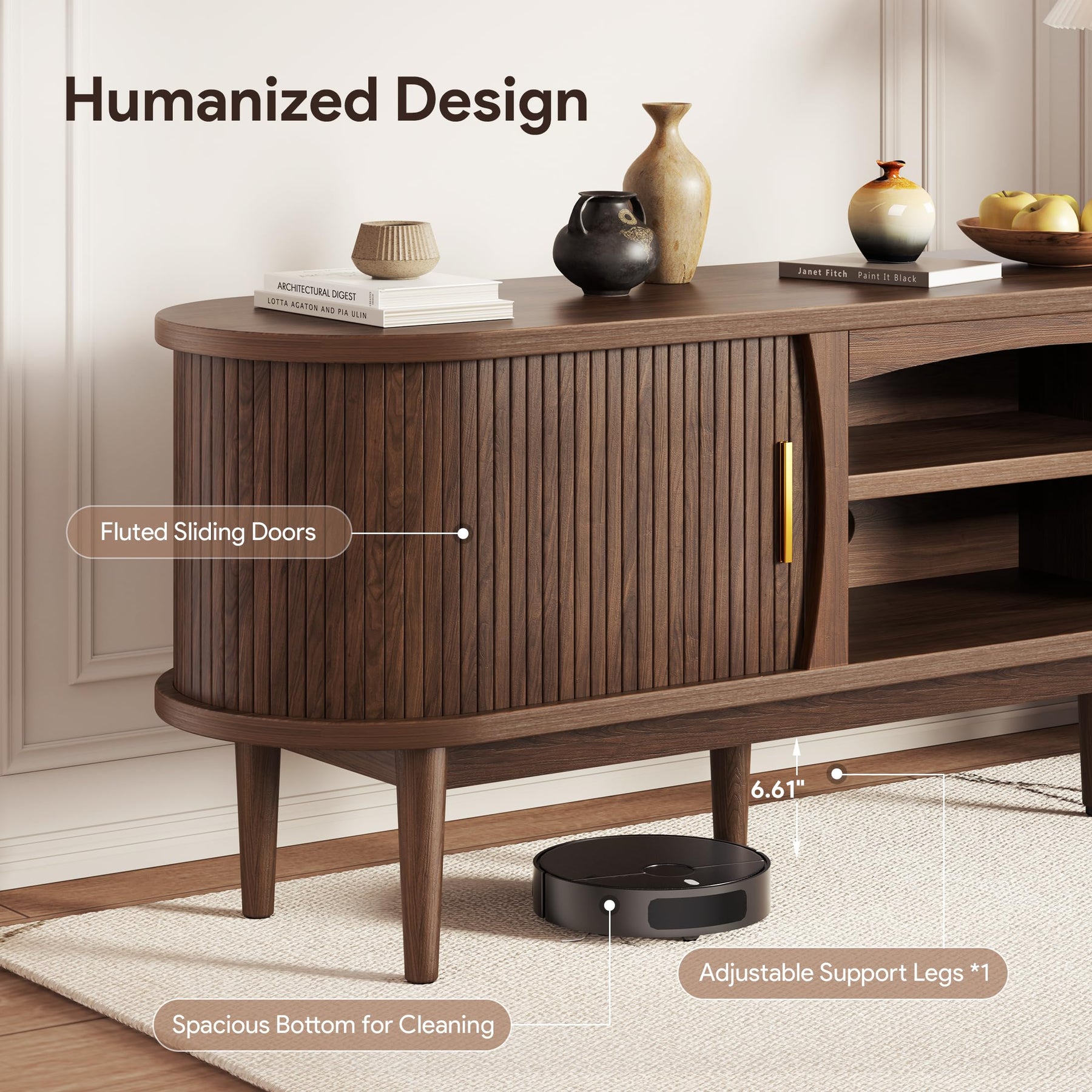 Decofy Mid Century TV Stand for TVs up to 80 Inches, Entertainment Center with Storage, Power Outlet, Fluted Sliding Doors & Adjustable Shelves, Modern Media TV Console Table for Living Room (Walnut)