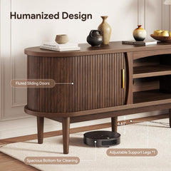 Decofy Mid Century TV Stand for TVs up to 80 Inches, Entertainment Center with Storage, Power Outlet, Fluted Sliding Doors & Adjustable Shelves, Modern Media TV Console Table for Living Room (Walnut)