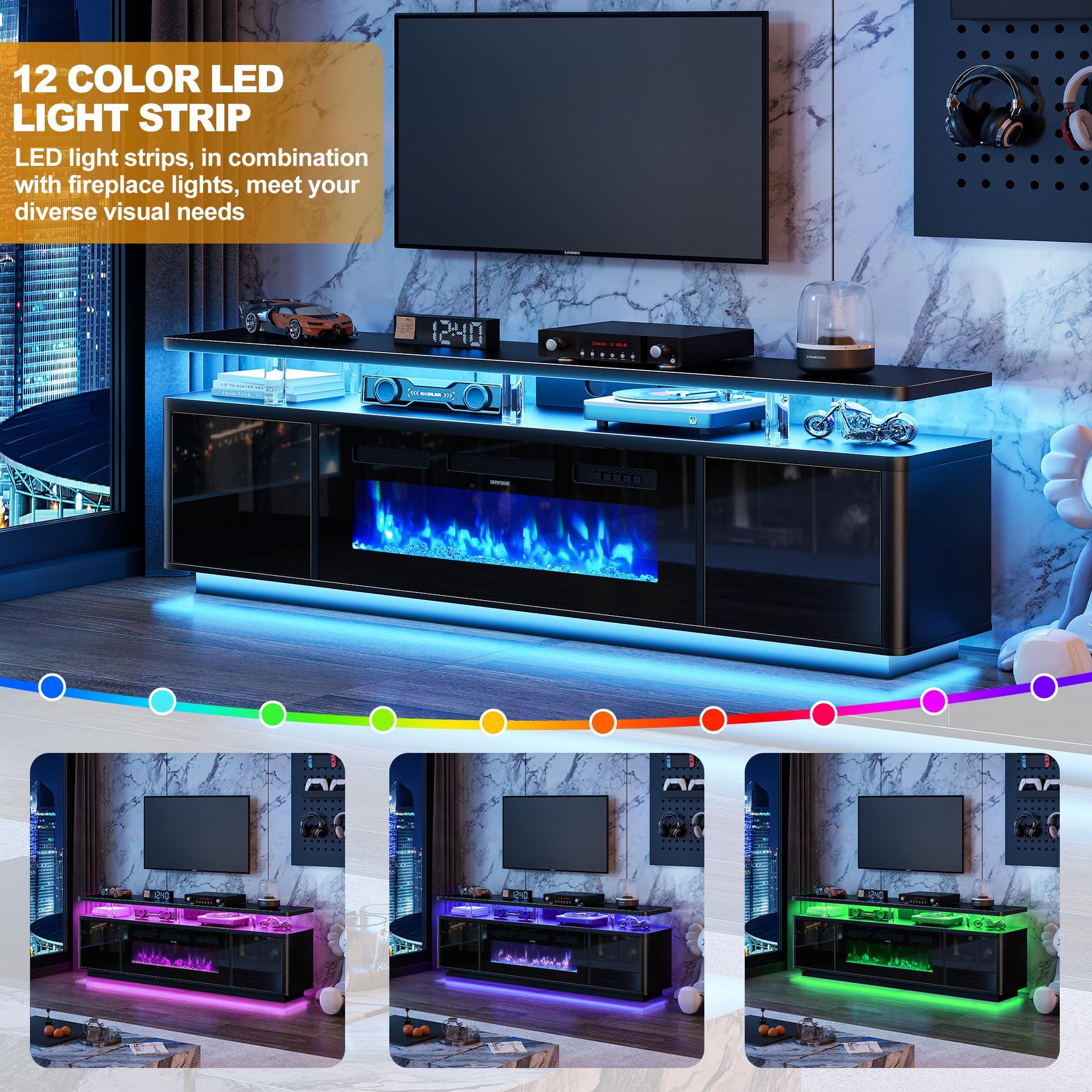 OneBlis 70" Fireplace TV Stand with Double LED Lights for TVs UP to 80", Electric Fireplace Entertainment Center with Storage Cabinets, TV Console for Living Room, Office, Black1
