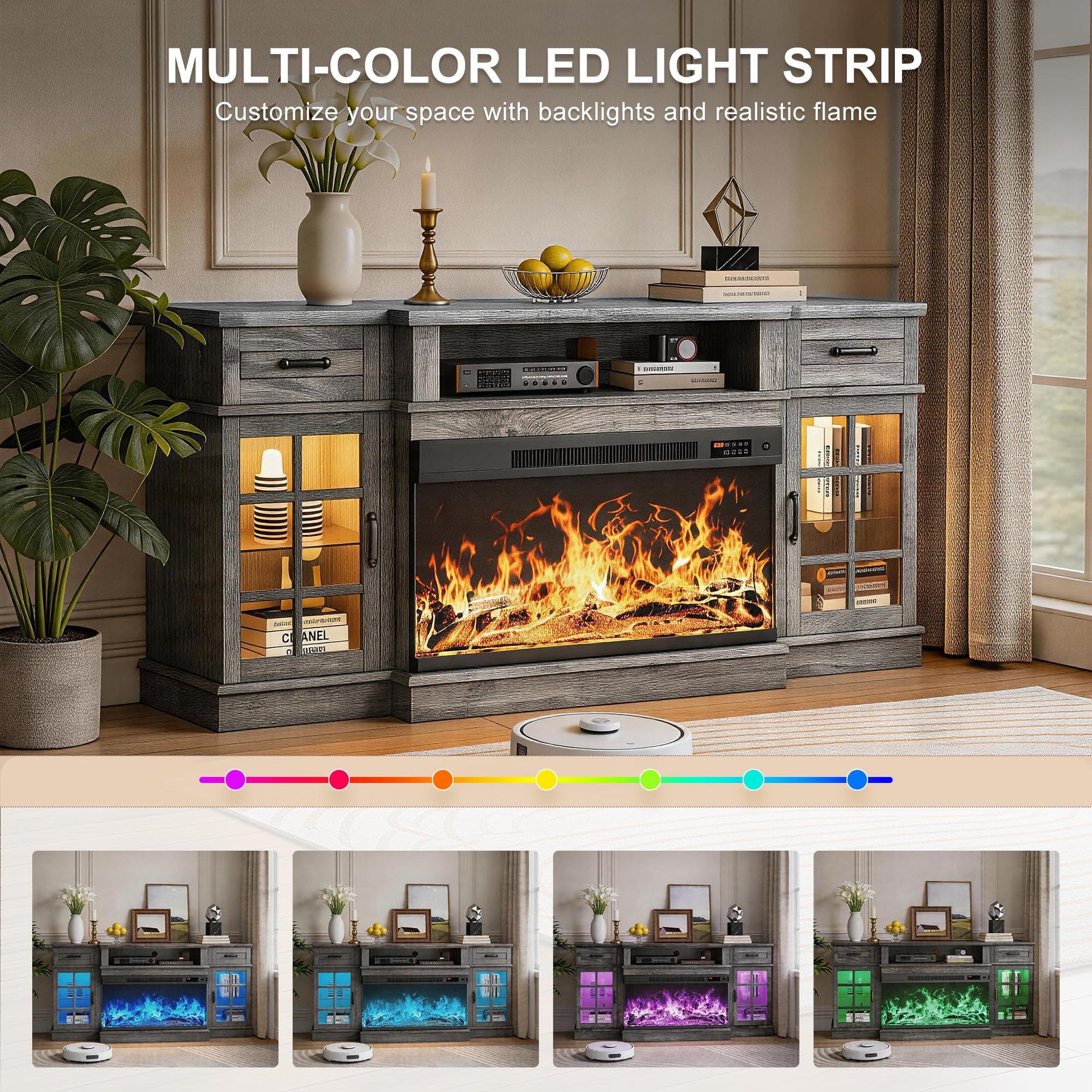 MXV 70" Fireplace TV Stand, 3-Sided Glass Fireplace and Modern Entertainment Center, Wooden Media Console with Glass Doors & Storage Drawers, LED Light, for Living Room, Antique White