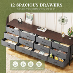 Huuger 70 Inch Dresser for Bedroom, TV Stand for 65, 75, 80 Inch TV, 12 Fabric Drawer Long Dresser, Large Entertainment Center for Bedroom, Wide Chest of Drawer with Storage, Rustic Brown