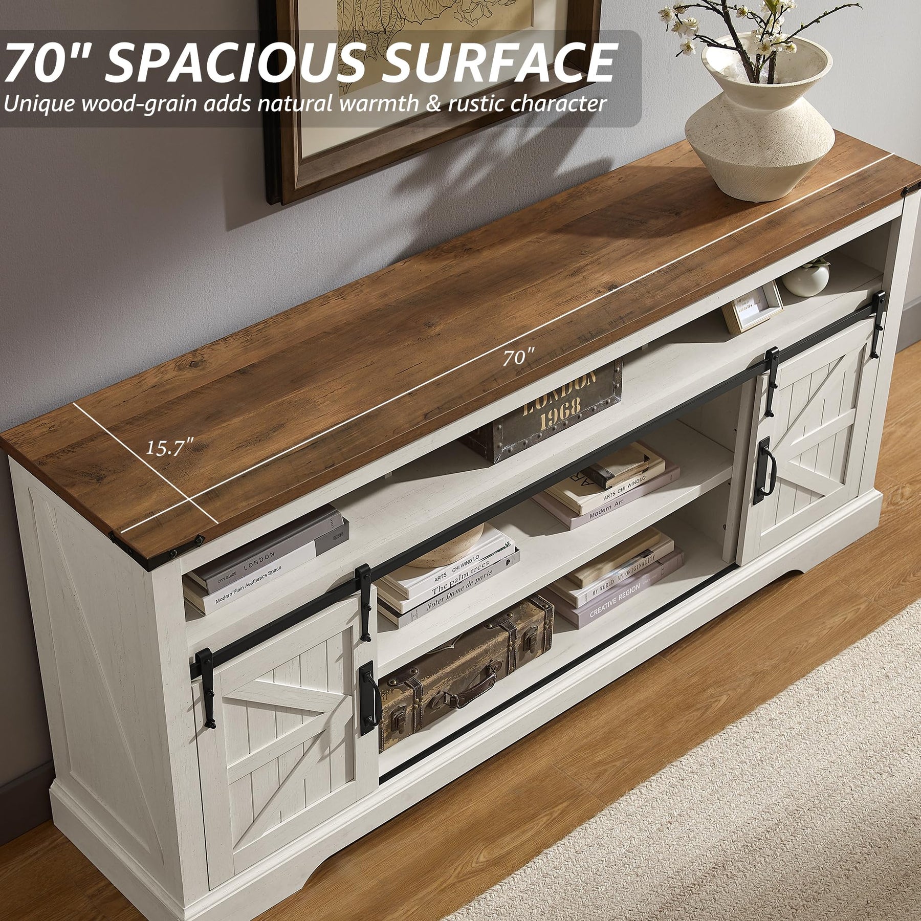 OKD 70" Farmhouse TV Stand for TVs up to 80", Antique White