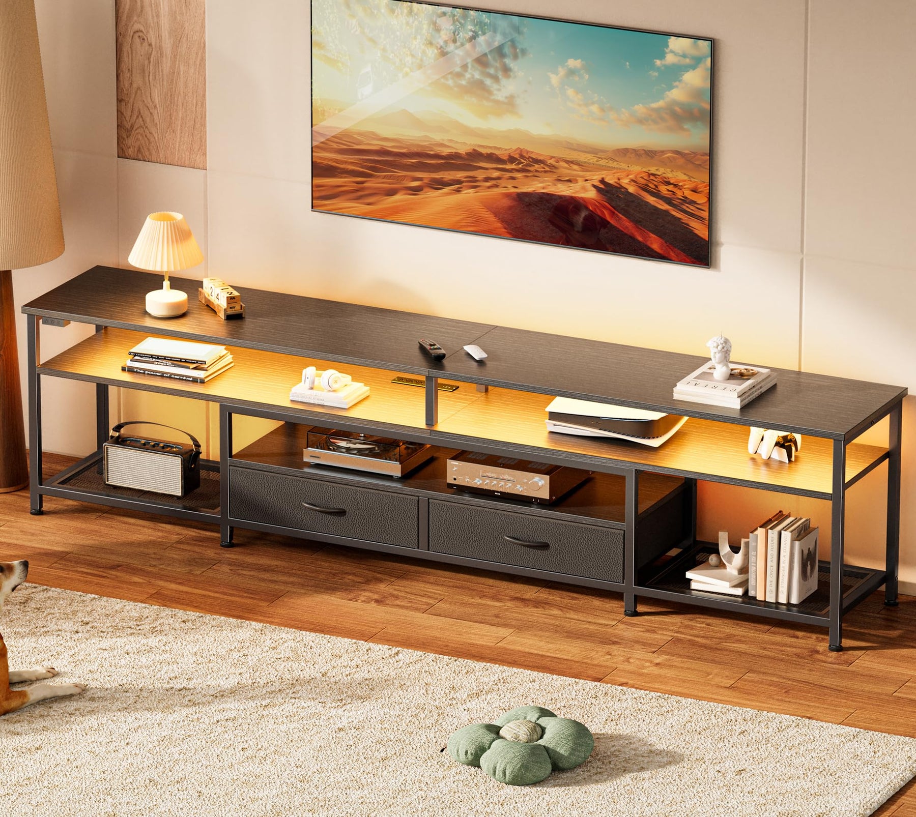 Huuger 63 Inch LED TV Stand for 65 70 Inch TV, Entertainment Center with Open Shelves and Power Outlets, TV Console for Living Room, Media Console with Drawers, Black