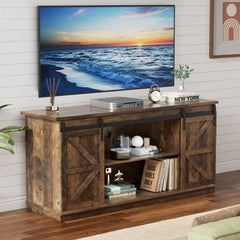 YESHOMY 58" Farmhouse TV Stand for TVs up to 65", Sliding Barn Doors, White