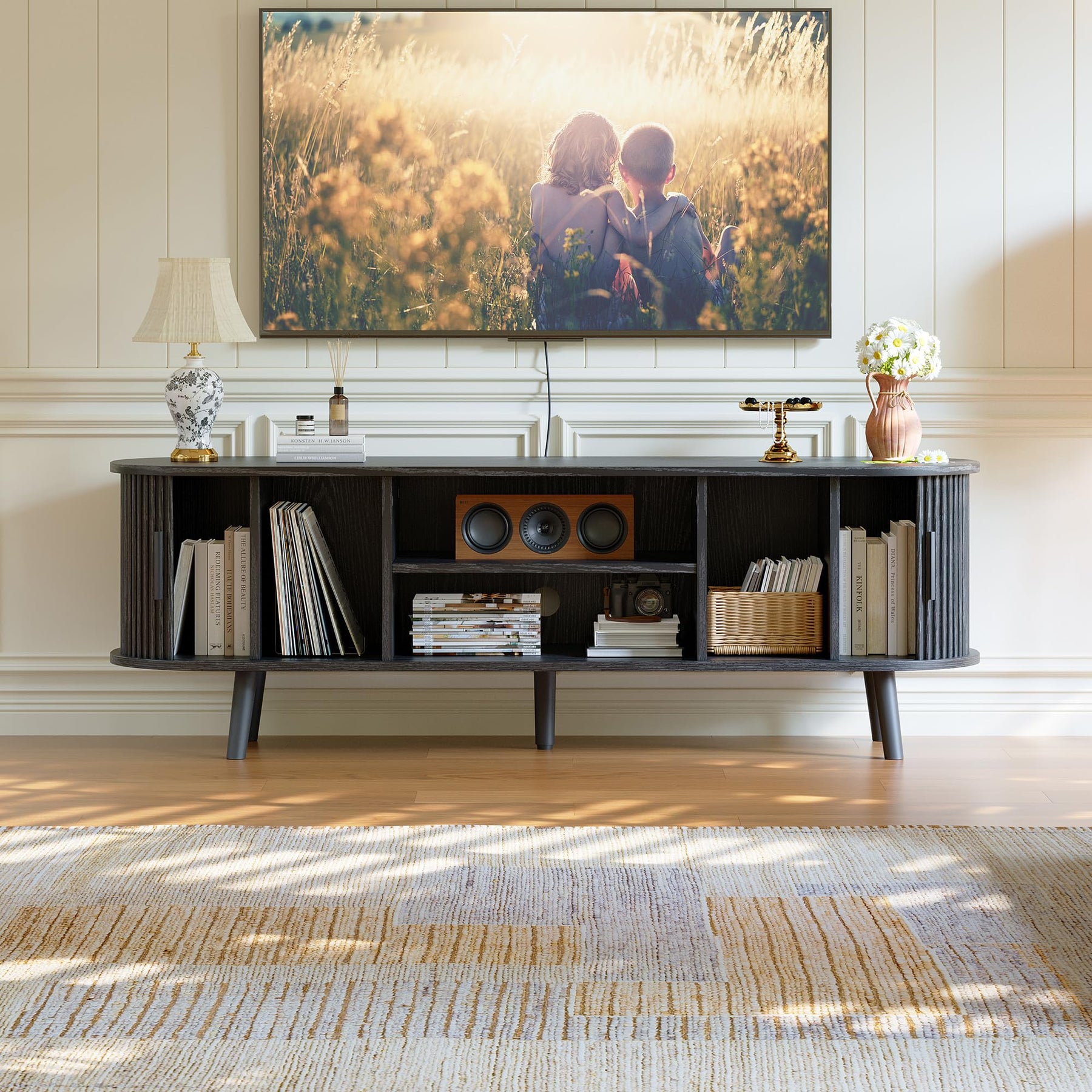 ChooChoo 54" Mid Century Modern TV Stand with Fluted Sliding Doors