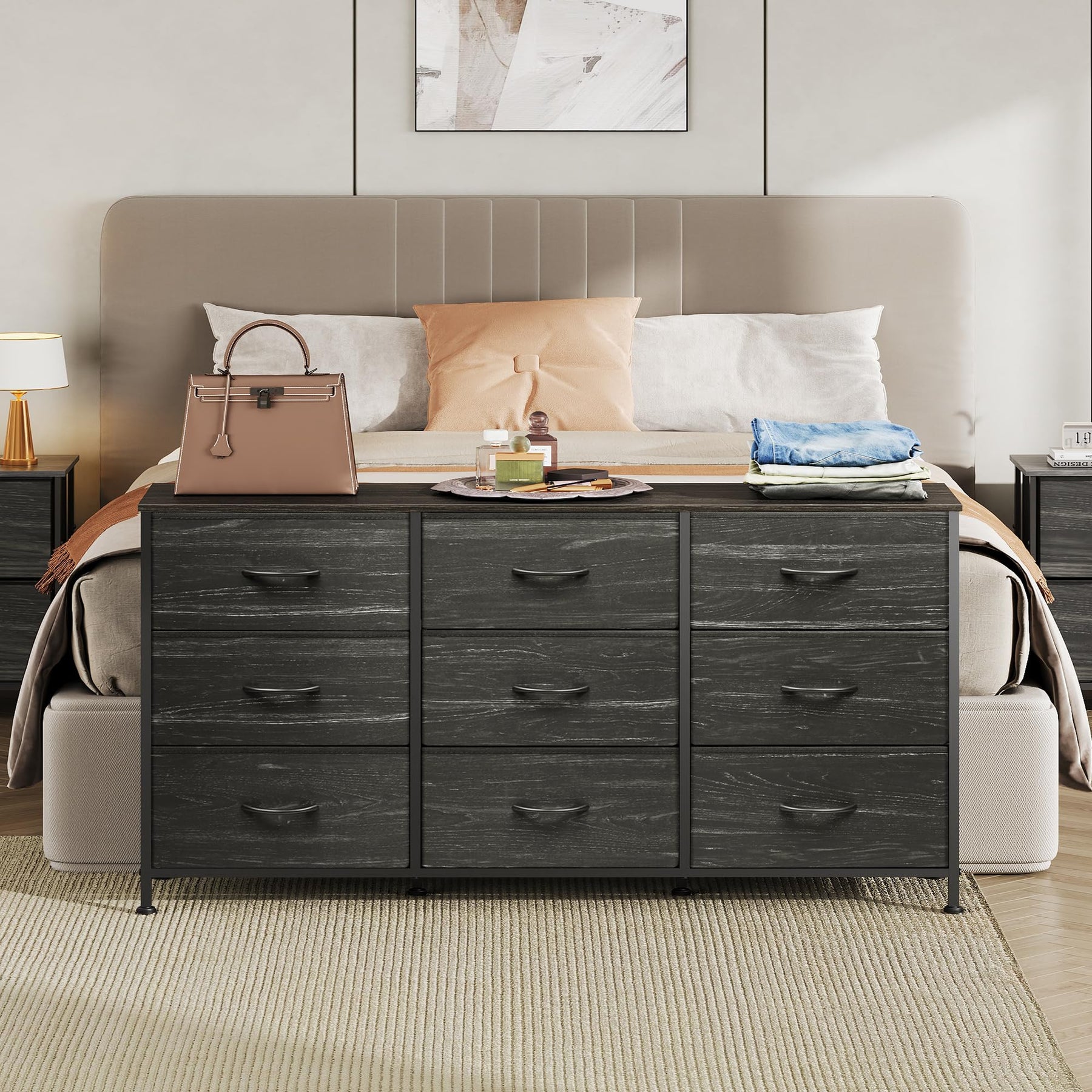 WLIVE Dresser TV Stand for 75 Inch TV, 9 Drawer Dresser for Bedroom, Black