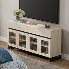 WAMPAT Modern TV Stand with Glass Doors for 80-120 inch TVs, 4 in 1 Entertainment Center Console with 4 Drawers and Metal Base for Living Room, Bedroom, Brown