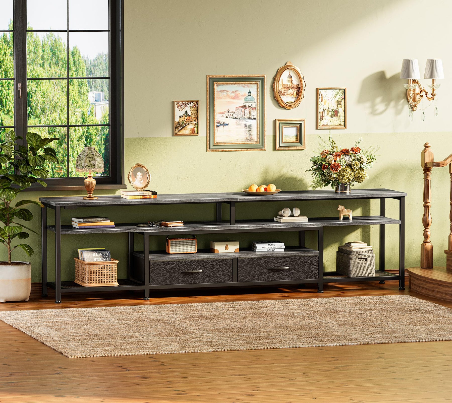 Huuger 63 Inch LED TV Stand for 65 70 Inch TV, Entertainment Center with Open Shelves and Power Outlets, TV Console for Living Room, Media Console with Drawers, Black