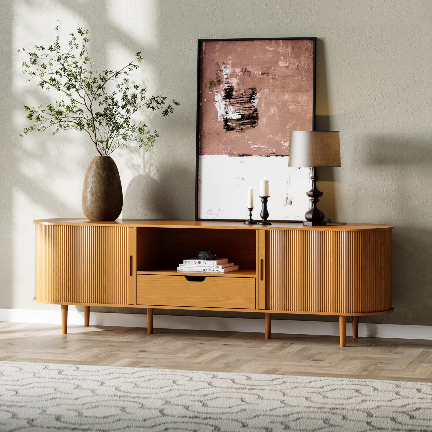DHH 86.6" Fluted TV Stand with Power Outlet for TVs up to 90", TV Console with Adjustable Shelves and Sliding Door,Mid Century Modern Entertainment Center for Living Room,Bedroom (Walnut)