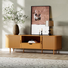DHH 86.6" Fluted TV Stand with Power Outlet for TVs up to 90", TV Console with Adjustable Shelves and Sliding Door,Mid Century Modern Entertainment Center for Living Room,Bedroom (Walnut)