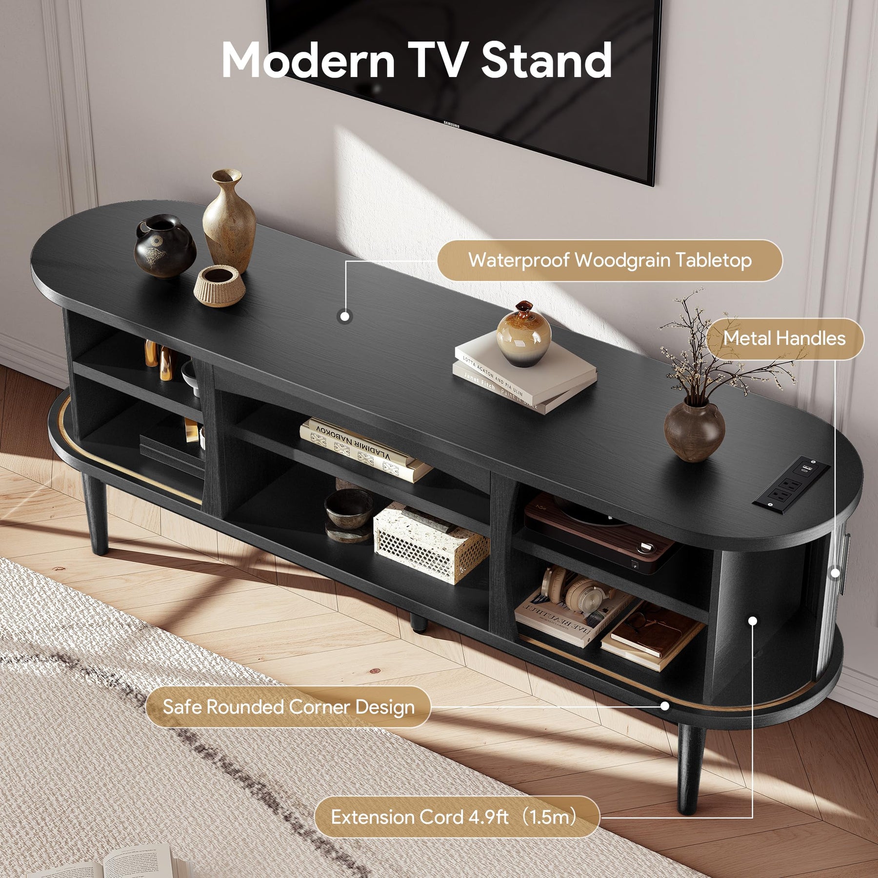 Decofy Mid Century TV Stand for TVs up to 80 Inches, Entertainment Center with Storage, Power Outlet, Fluted Sliding Doors & Adjustable Shelves, Modern Media TV Console Table for Living Room (Walnut)