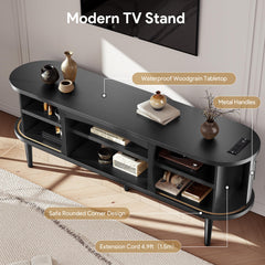 Decofy Mid Century TV Stand for TVs up to 80 Inches, Entertainment Center with Storage, Power Outlet, Fluted Sliding Doors & Adjustable Shelves, Modern Media TV Console Table for Living Room (Walnut)