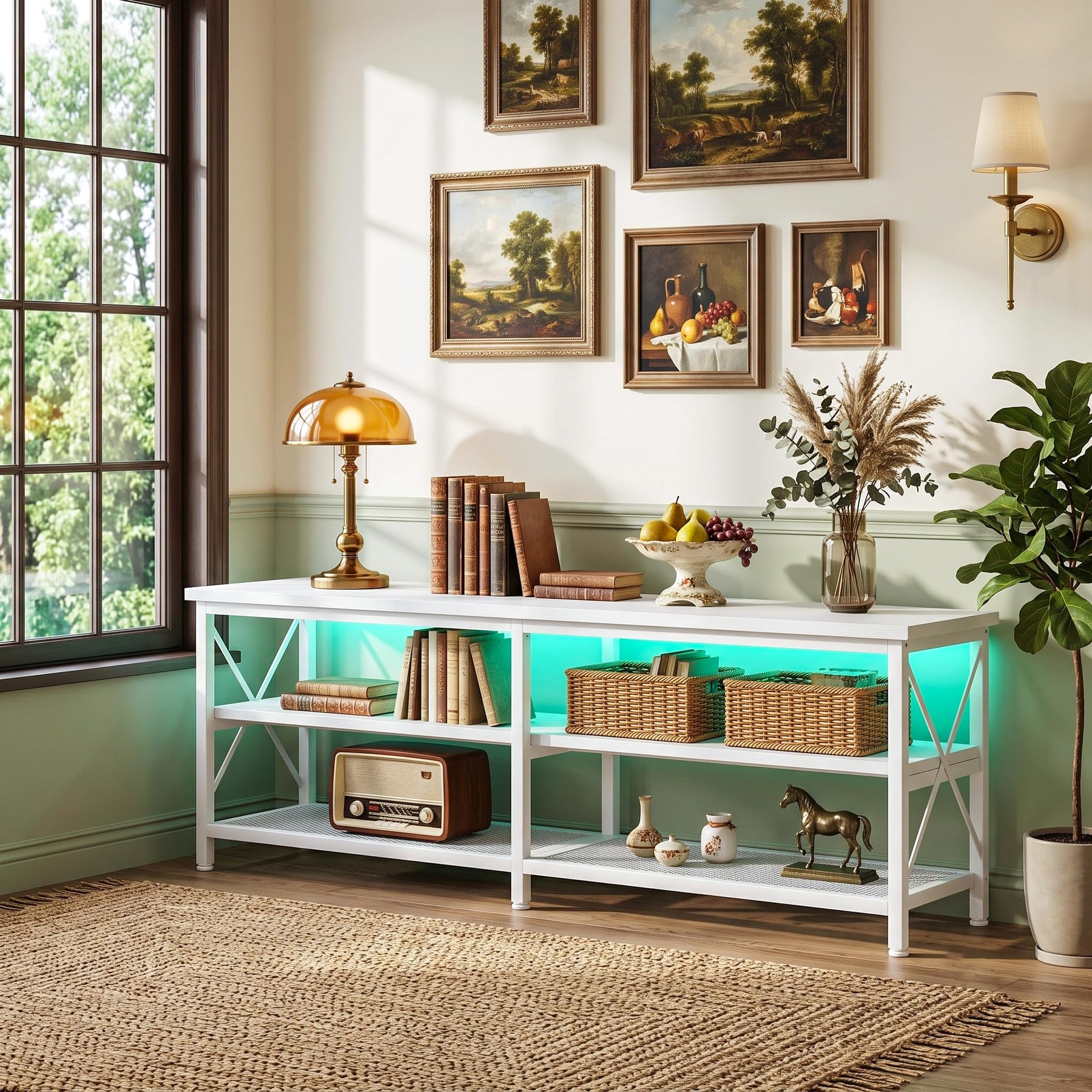 Clikuutory Modern 71 inch Metal TV Stand with LED Lights for 50 55 60 65 70 75 80 Inch TVs, 3 Tier Television Stands with Entertainment Center and Storage for Living Room, Bedroom, White