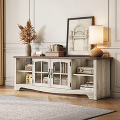LINSY HOME Farmhouse TV Stand for 65 Inch TV, Wood Entertainment Center with Glass Door Storage Cabinet & Adjustable Shelves, Large Sturdy TV Console Table for Living Room Bedroom