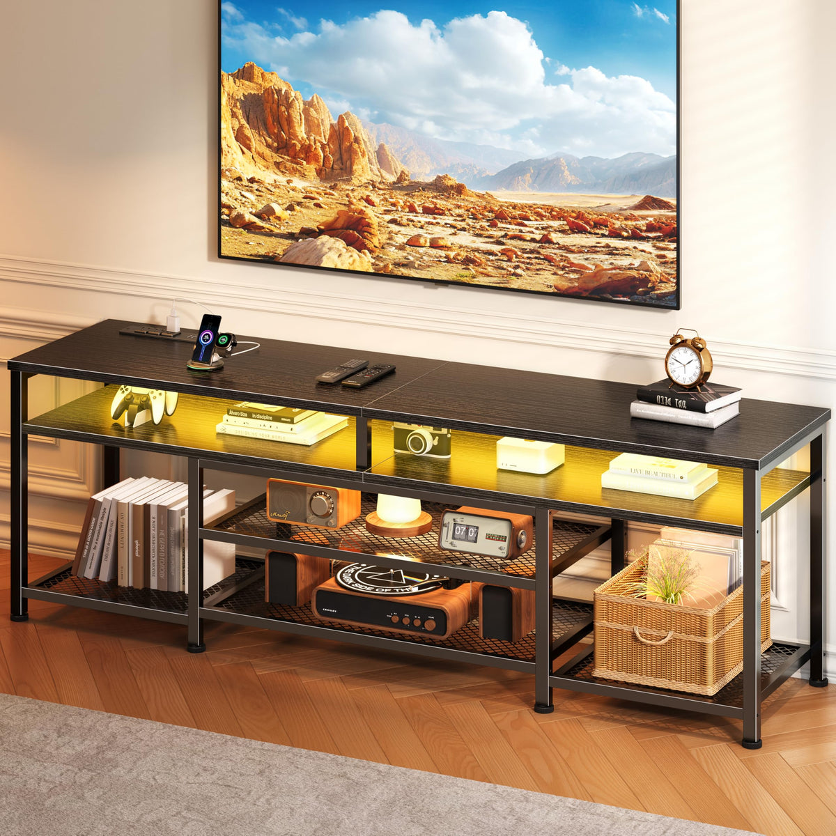 Furologee TV Stand with Power Outlets and LED Lights, 63 Inch Entertainment Center for 60 65 70 Inch TVs, Media Console Table with Open Shelves, for Bedroom, Living Room, Black