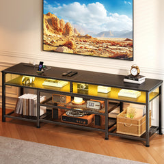 Furologee TV Stand with Power Outlets and LED Lights, 63 Inch Entertainment Center for 60 65 70 Inch TVs, Media Console Table with Open Shelves, for Bedroom, Living Room, Black