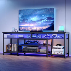 Furologee TV Stand with Power Outlets and LED Lights, 63 Inch Entertainment Center for 60 65 70 Inch TVs, Media Console Table with Open Shelves, for Bedroom, Living Room, Black