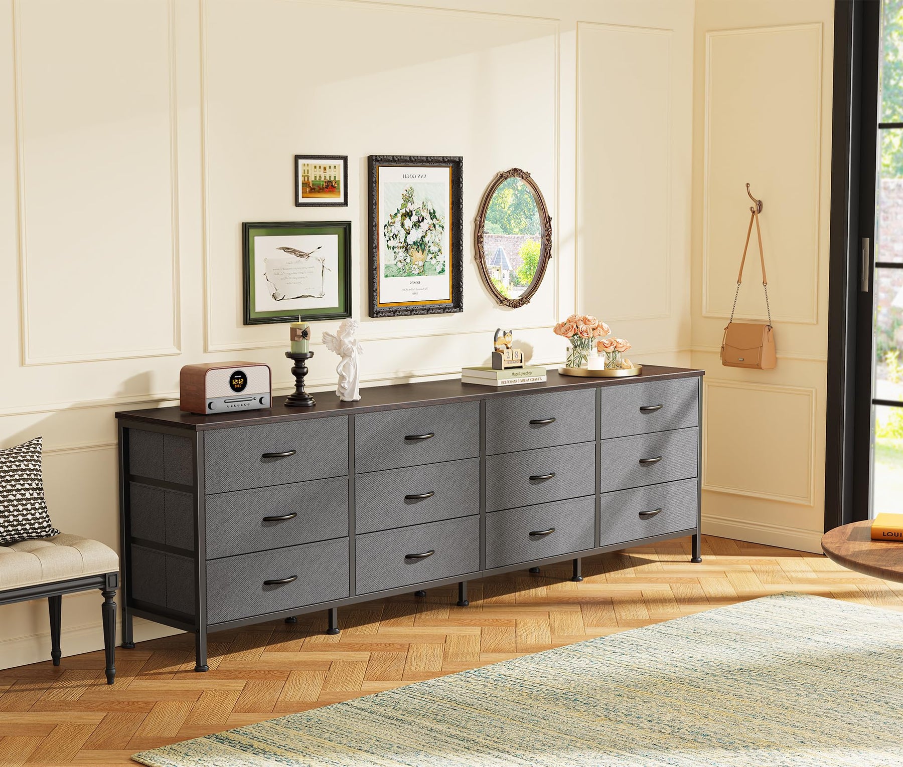 Huuger 70 Inch Dresser for Bedroom, TV Stand for 65, 75, 80 Inch TV, 12 Fabric Drawer Long Dresser, Large Entertainment Center for Bedroom, Wide Chest of Drawer with Storage, Rustic Brown