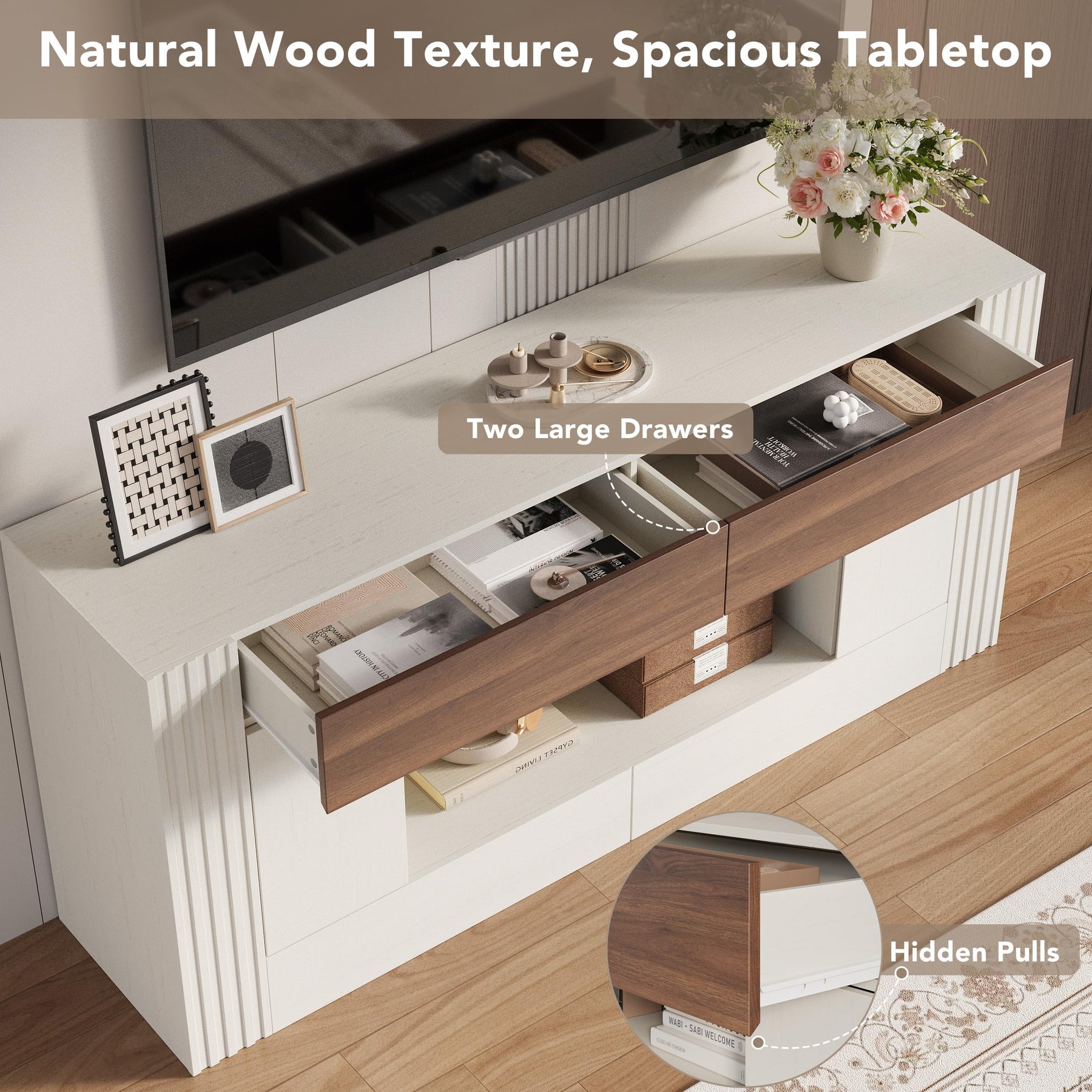 OneBlis Modern 70" TV Stand for TVs up to 80", Entertainment Center with 2 Drawers & 2 Side Cabinets, Media Console with 2-Tier Open Storage Shelves and Cable Management, Antique White & Walnut