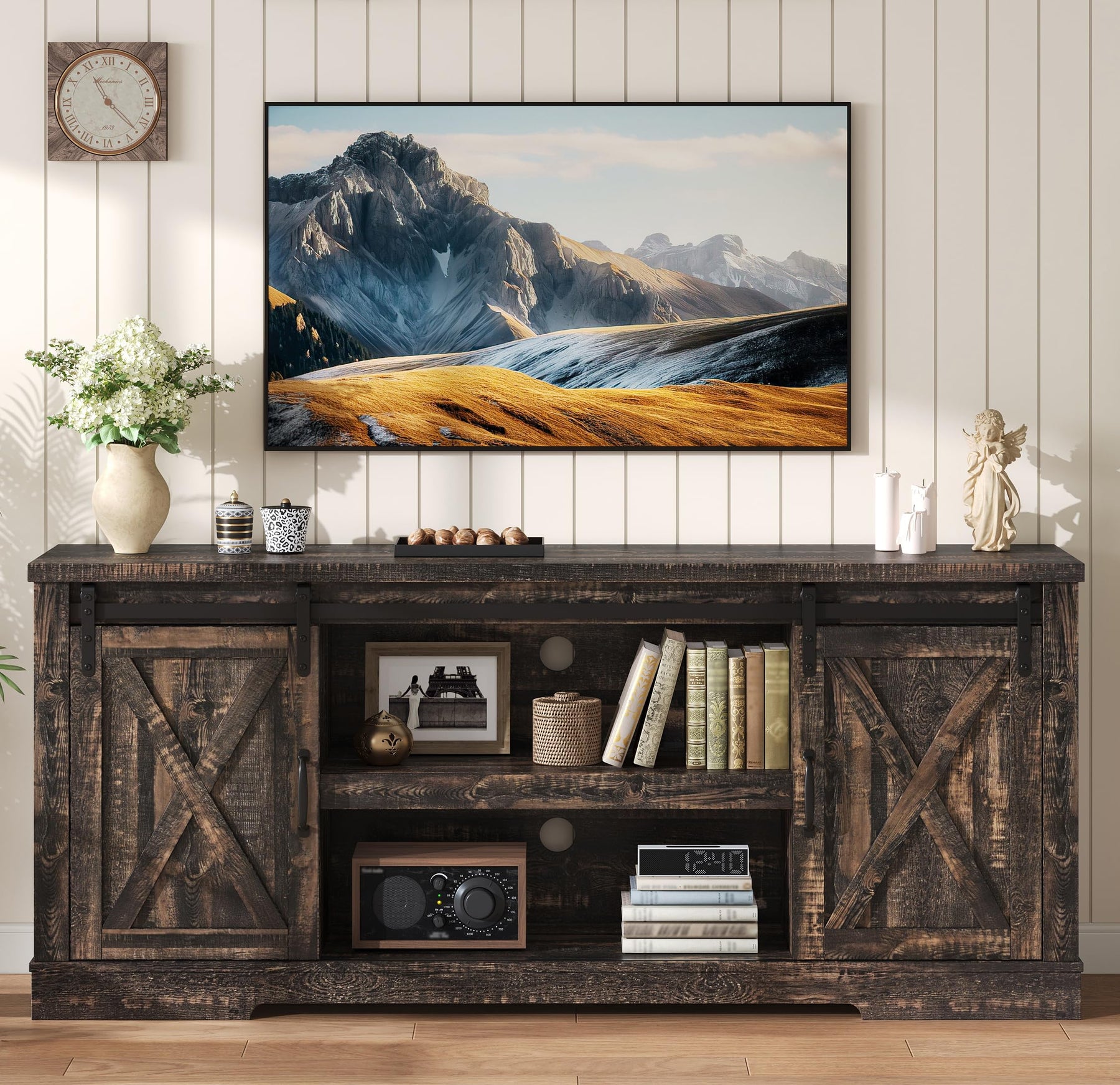 AMERLIFE 66" TV Stand for Living Room, Entertainment Center, Brown