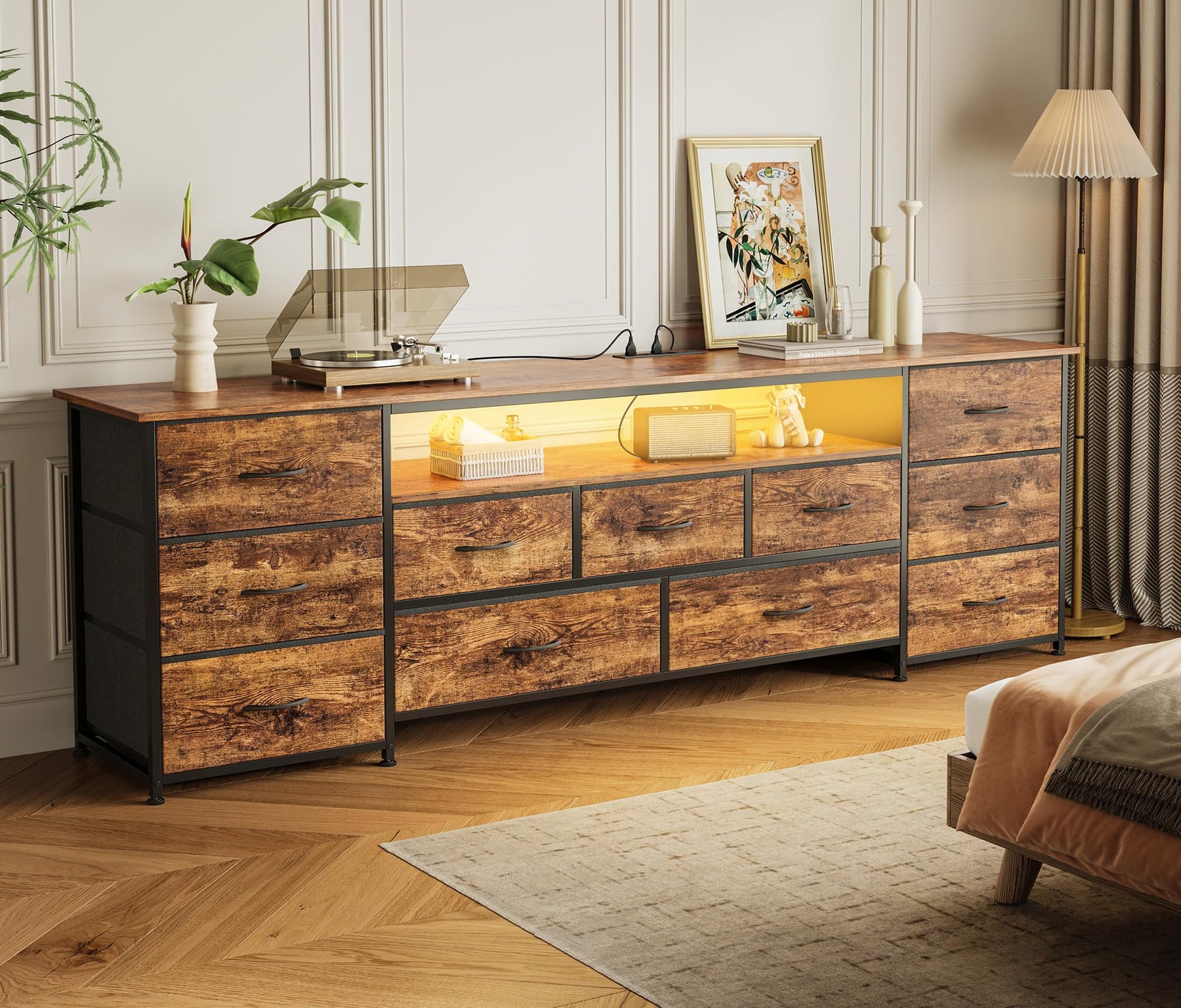 Huuger 63 Inch TV Stand for 65, 70 Inch TV, 11 Drawer Long Dresser with Power Outlets and LED Lights, Entertainment Center with Storage, Black Dresser with PU Leather Surface