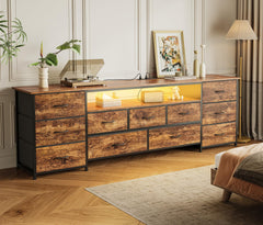 Huuger 63 Inch TV Stand for 65, 70 Inch TV, 11 Drawer Long Dresser with Power Outlets and LED Lights, Entertainment Center with Storage, Black Dresser with PU Leather Surface