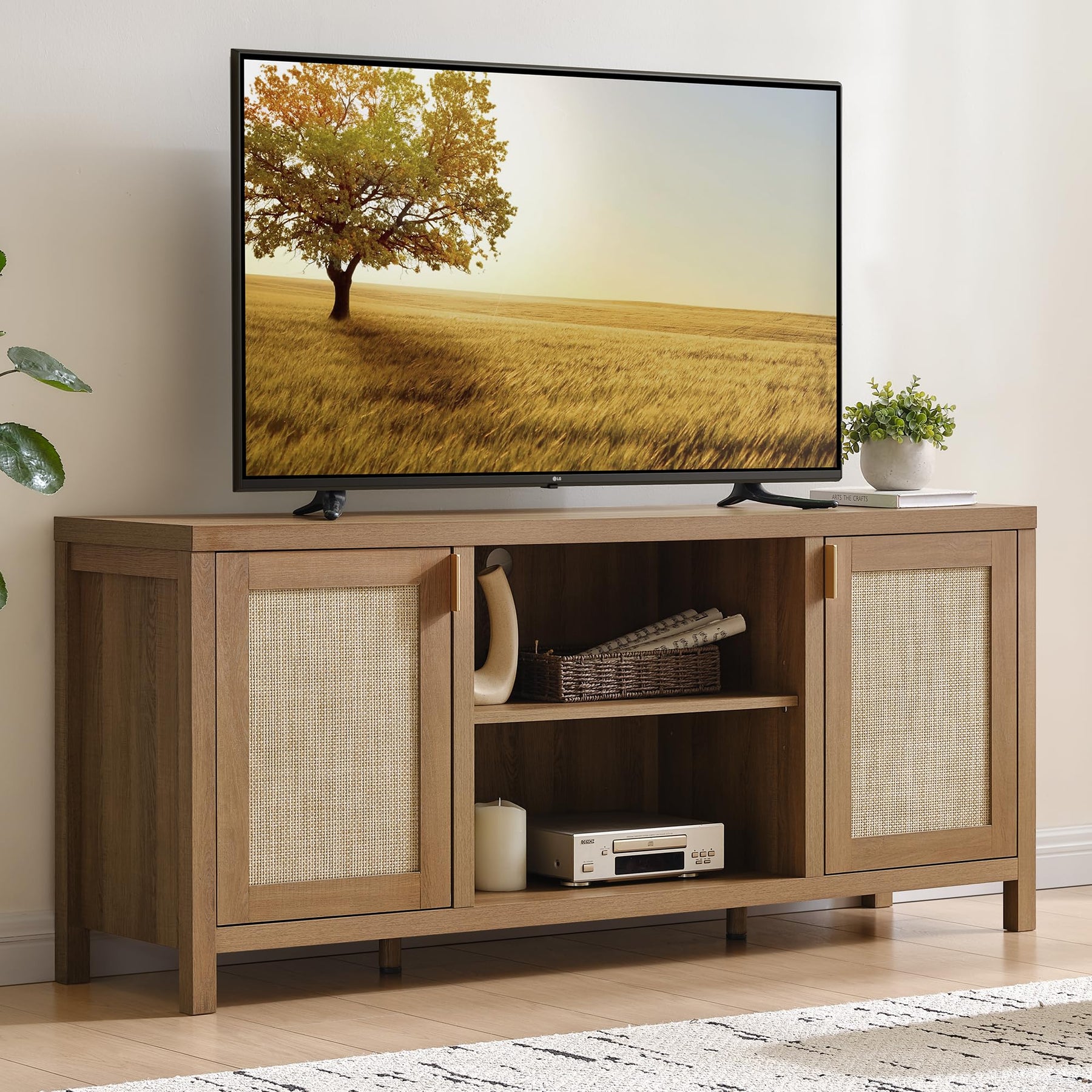 SICOTAS TV Stands for Living Room 59" Rattan TV Console with Storage
