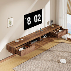CayugaCrekrd 102.4'' Minimalist Floating TV Stand with Power Outlet, Modern Wall-Mounted Entertainment Center for TVs up to 100 Inches, Media Console with Rounded-Corner Design, Walnut and Black