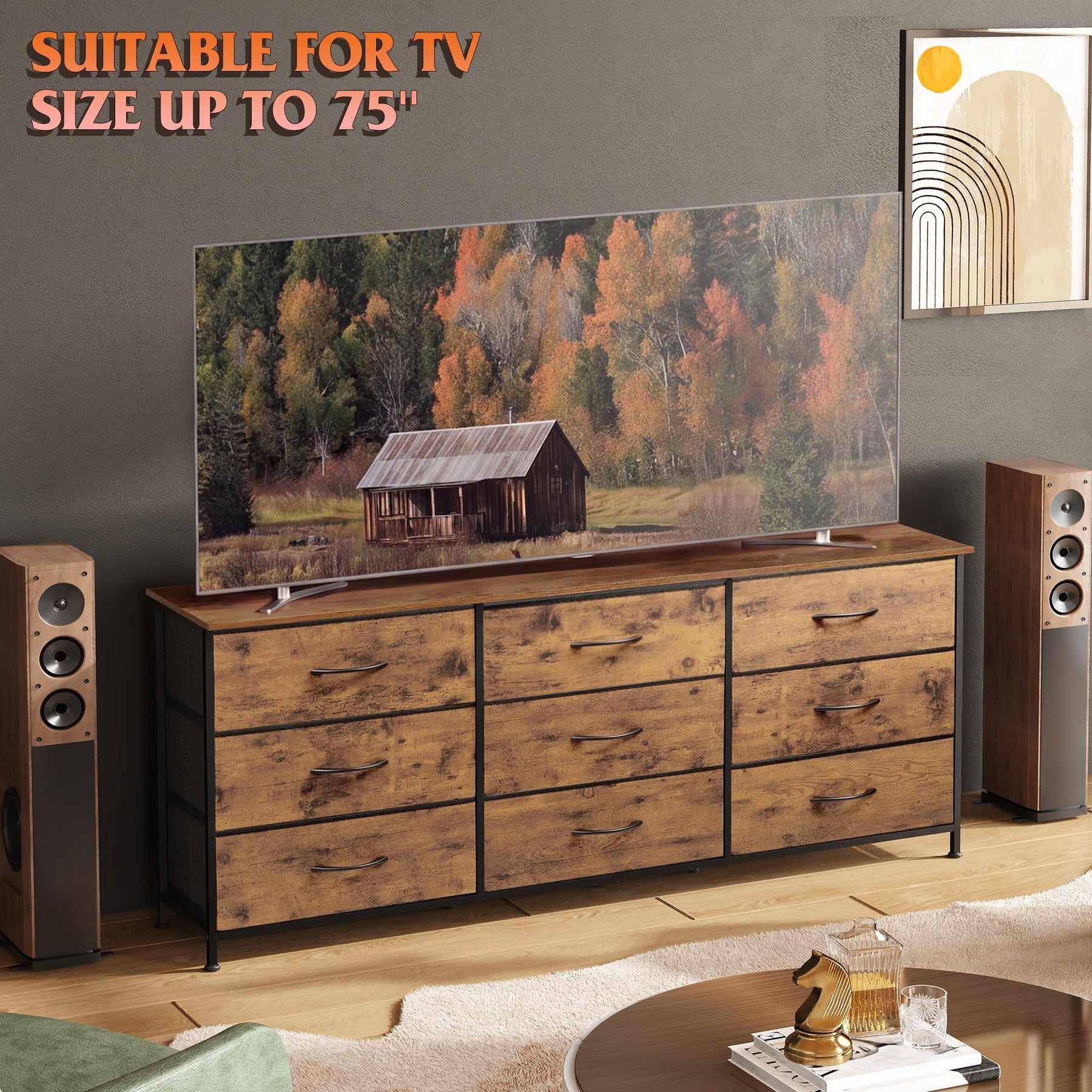 WLIVE Dresser TV Stand for 75 Inch TV, 9 Drawer Dresser for Bedroom, Black
