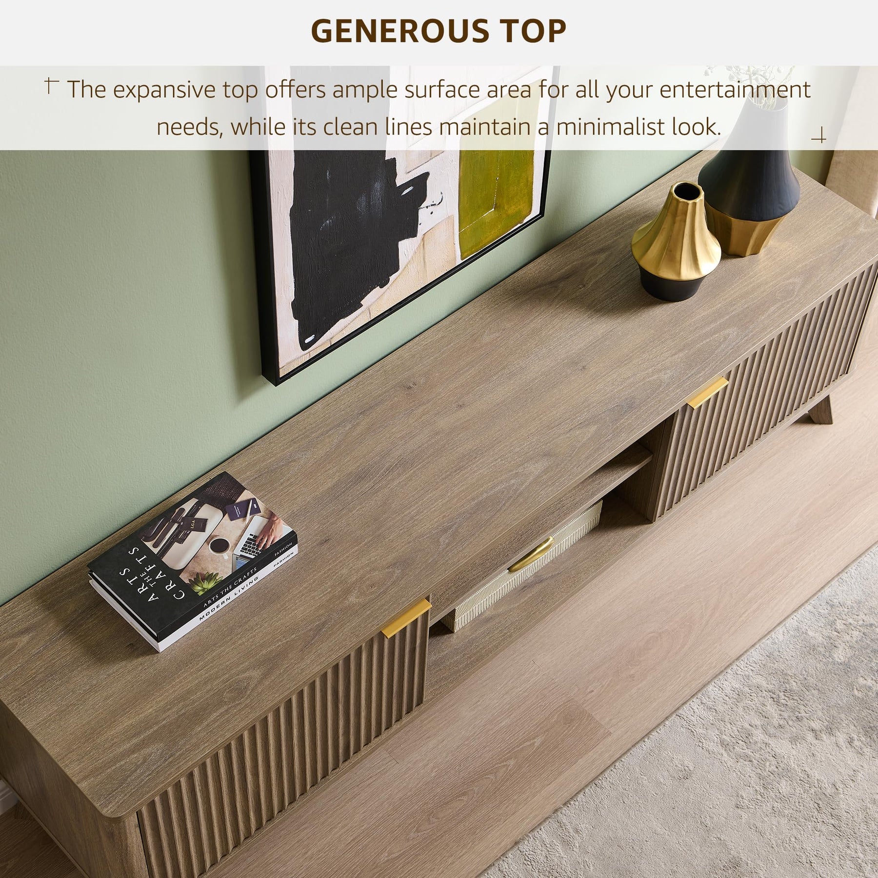 OKD 70" Mid Century Modern Fluted TV Stand w/ 2 Soft Close Door,Natural Oak