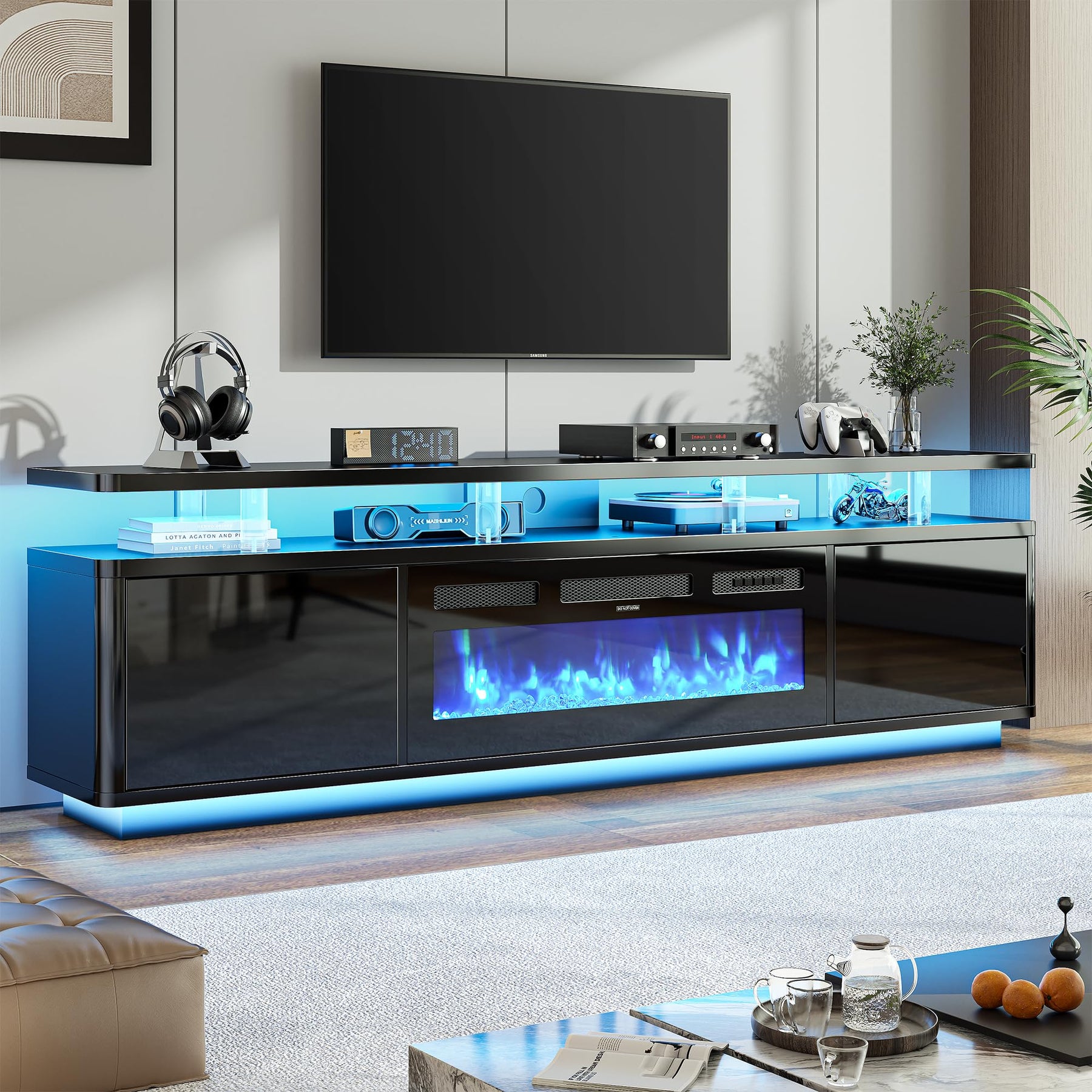 OneBlis 70" Fireplace TV Stand with Double LED Lights for TVs UP to 80", Electric Fireplace Entertainment Center with Storage Cabinets, TV Console for Living Room, Office, Black1