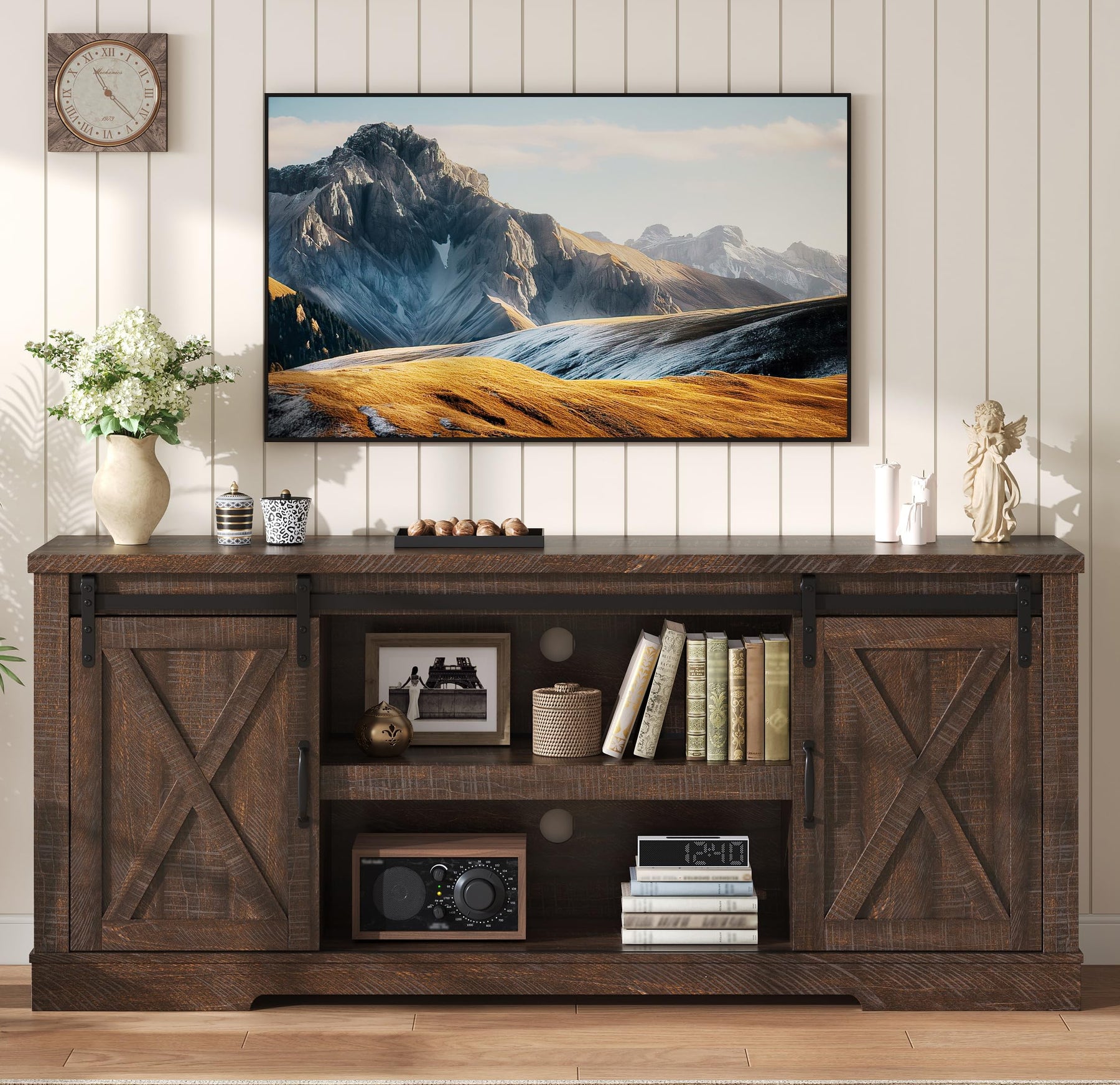 AMERLIFE 66" TV Stand for Living Room, Entertainment Center, Brown