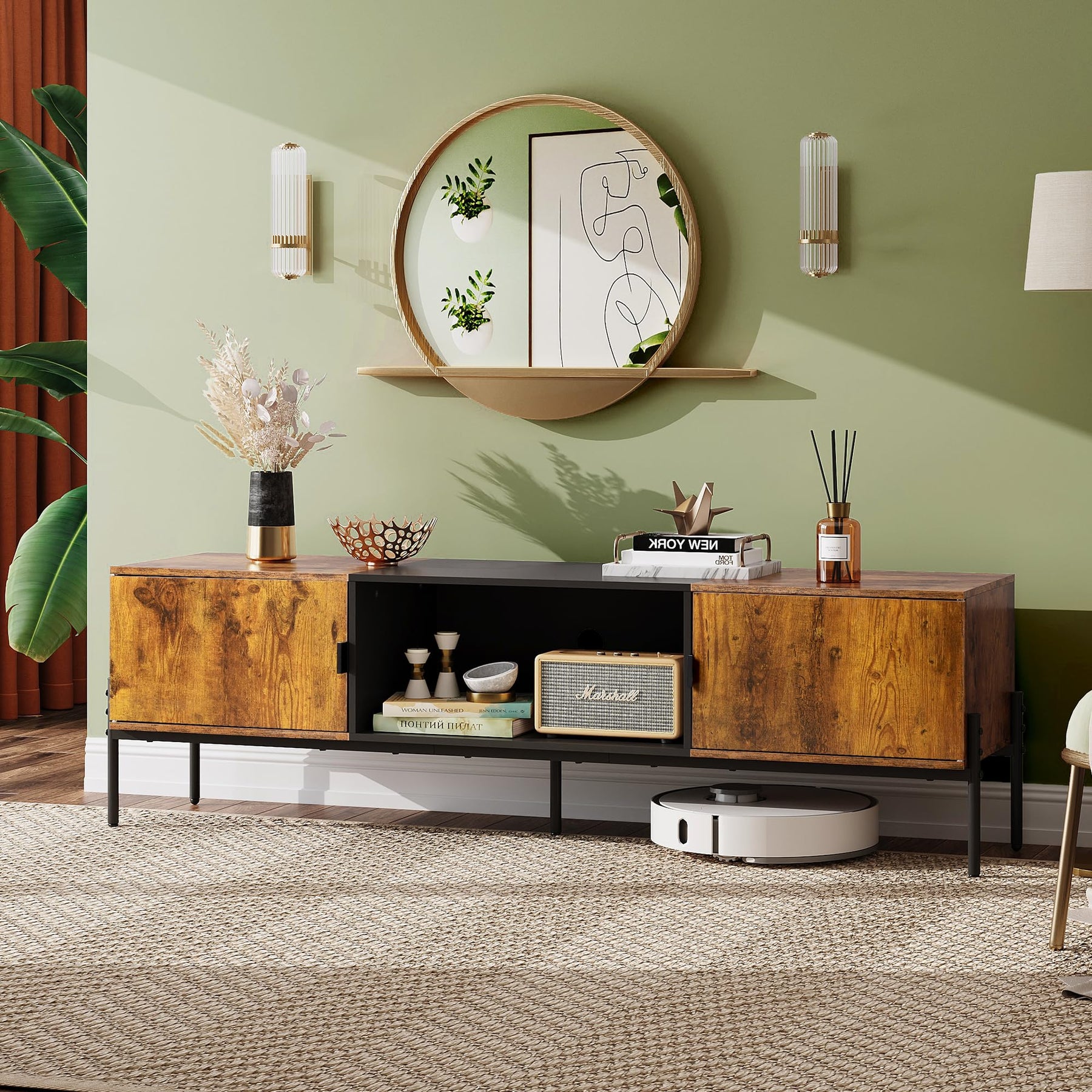 WLIVE 58" TV Stand for 65 Inch TVs, Mid Century Modern Entertainment Center with 2 Storage Cabinets & Open Shelf, Media Console Table with Metal Legs for Living Room, Bedroom, Rustic Brown