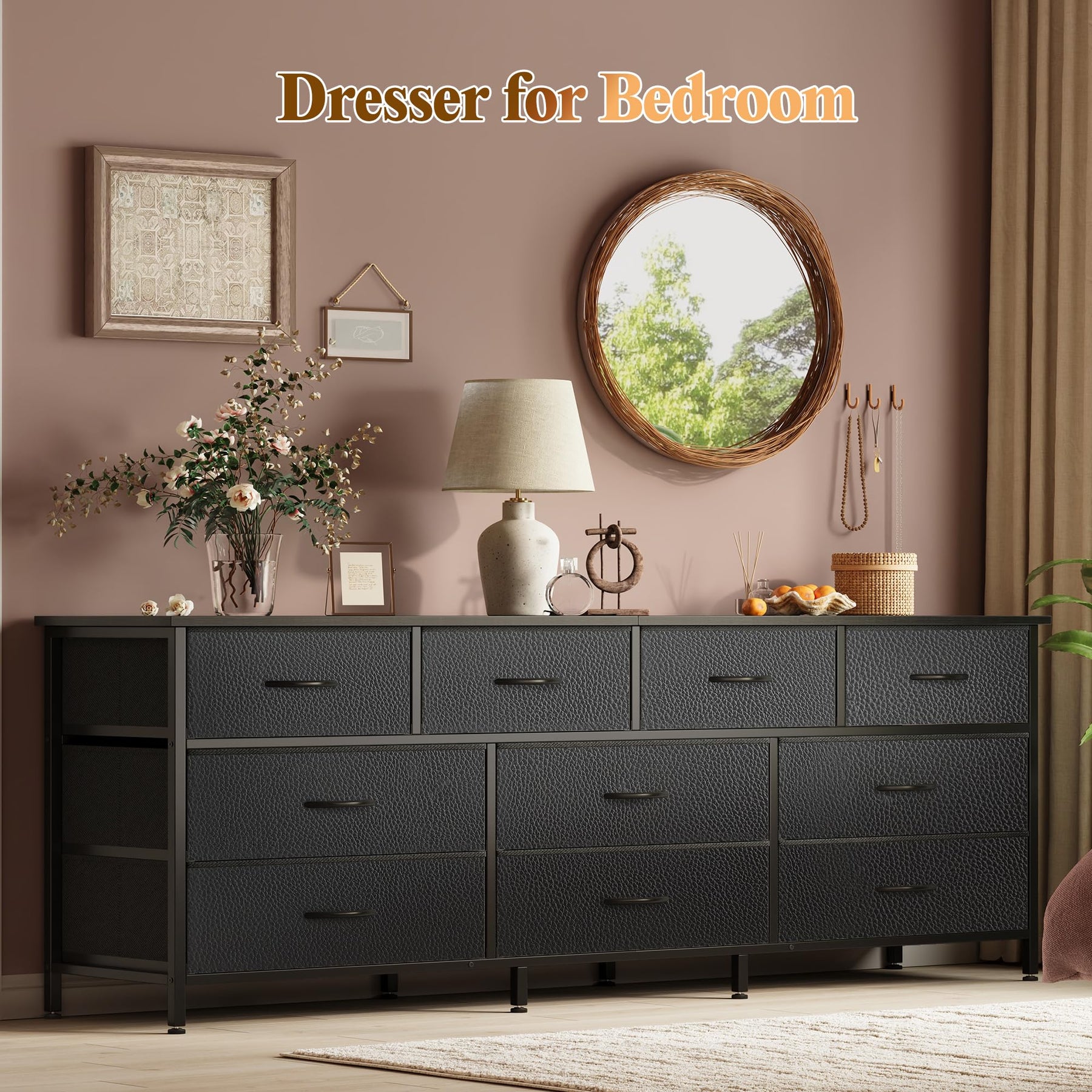 Huuger 63 Inch Dresser for Bedroom, Long Dresser with 10 Fabric Drawers, TV Stand for 55, 65, 70 Inch TV, Toy Storage Organizer for Closet, Rustic Brown