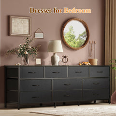 Huuger 63 Inch Dresser for Bedroom, Long Dresser with 10 Fabric Drawers, TV Stand for 55, 65, 70 Inch TV, Toy Storage Organizer for Closet, Rustic Brown
