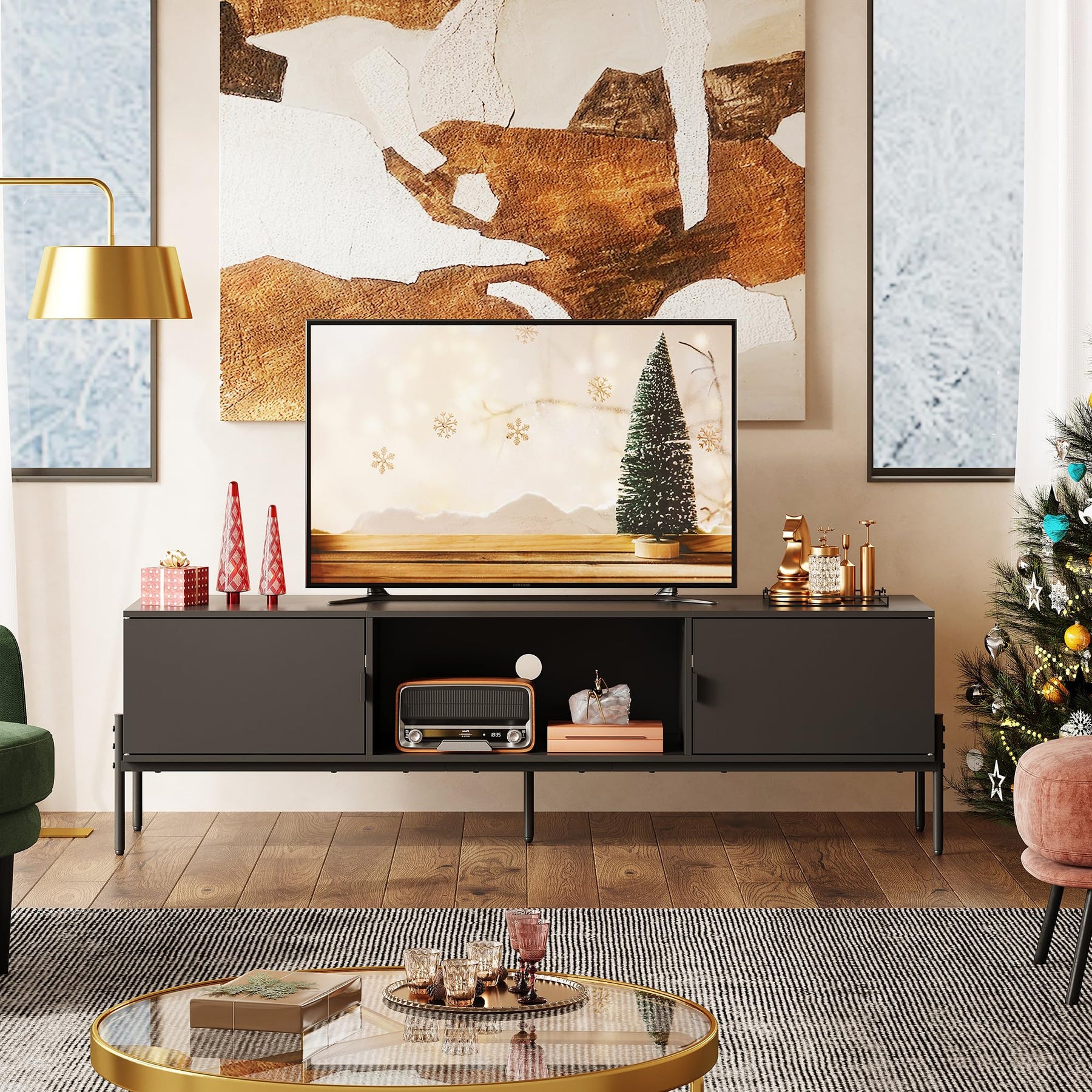 WLIVE 58" TV Stand for 65 Inch TVs, Mid Century Modern Entertainment Center with 2 Storage Cabinets & Open Shelf, Media Console Table with Metal Legs for Living Room, Bedroom, Rustic Brown