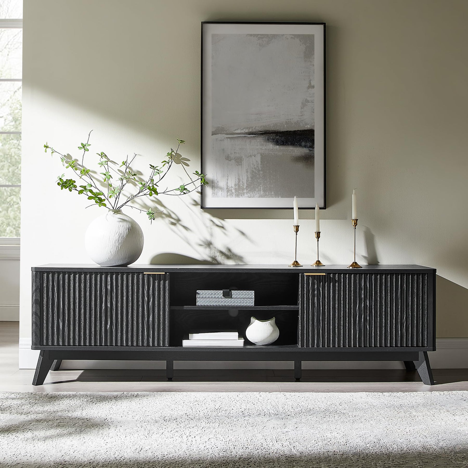 OKD 70" Mid Century Modern Fluted TV Stand w/ 2 Soft Close Door,Natural Oak