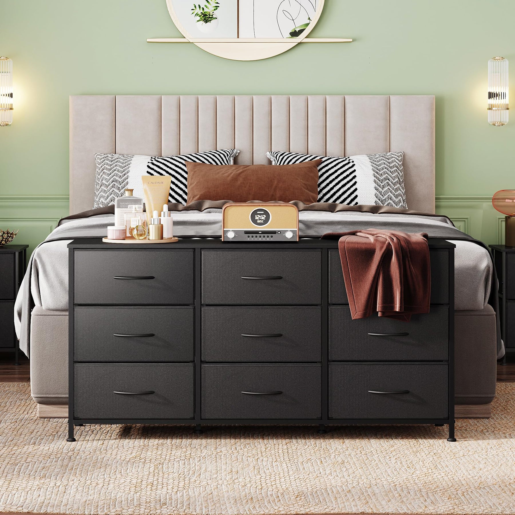 WLIVE Dresser TV Stand for 75 Inch TV, 9 Drawer Dresser for Bedroom, Black