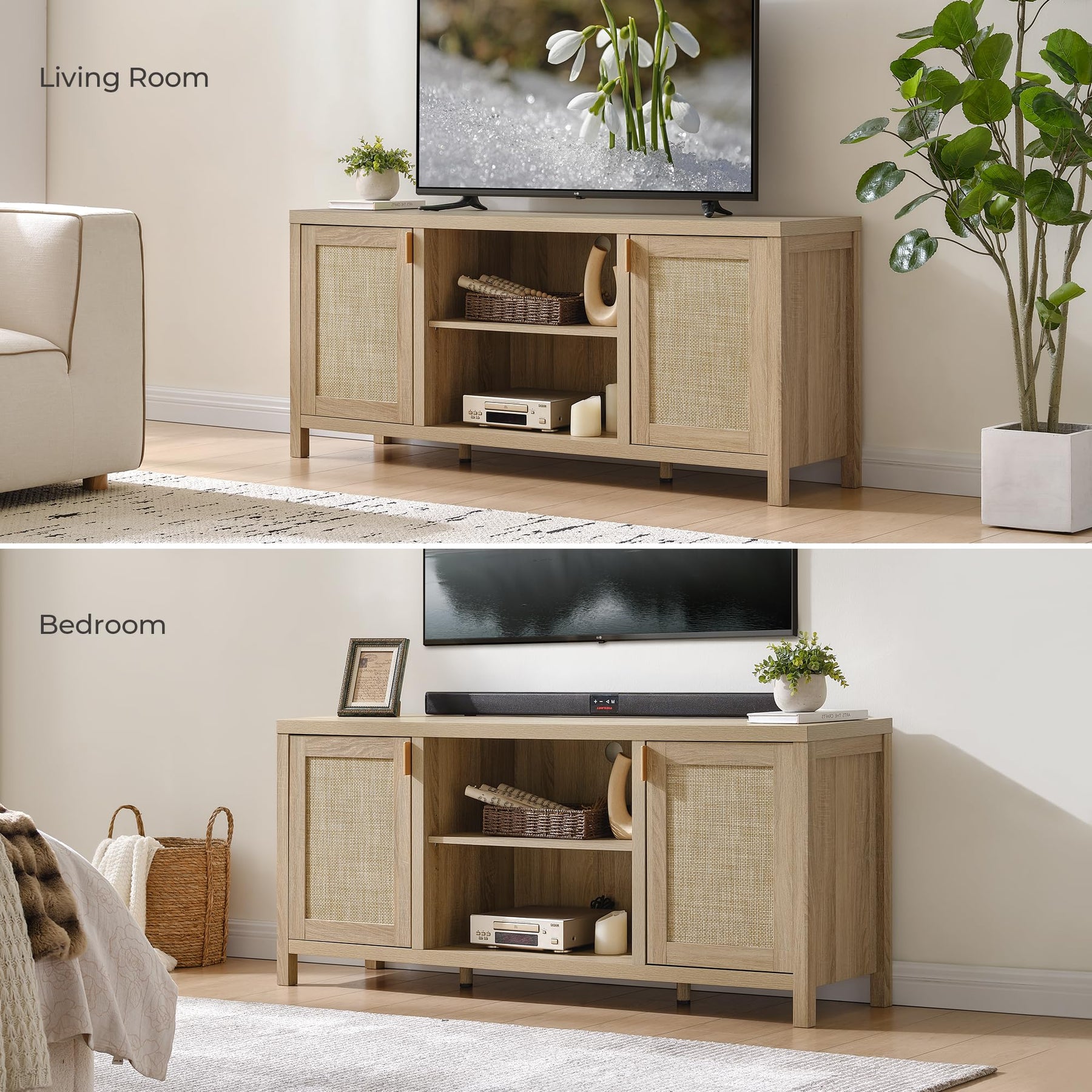 SICOTAS TV Stands for Living Room 59" Rattan TV Console with Storage