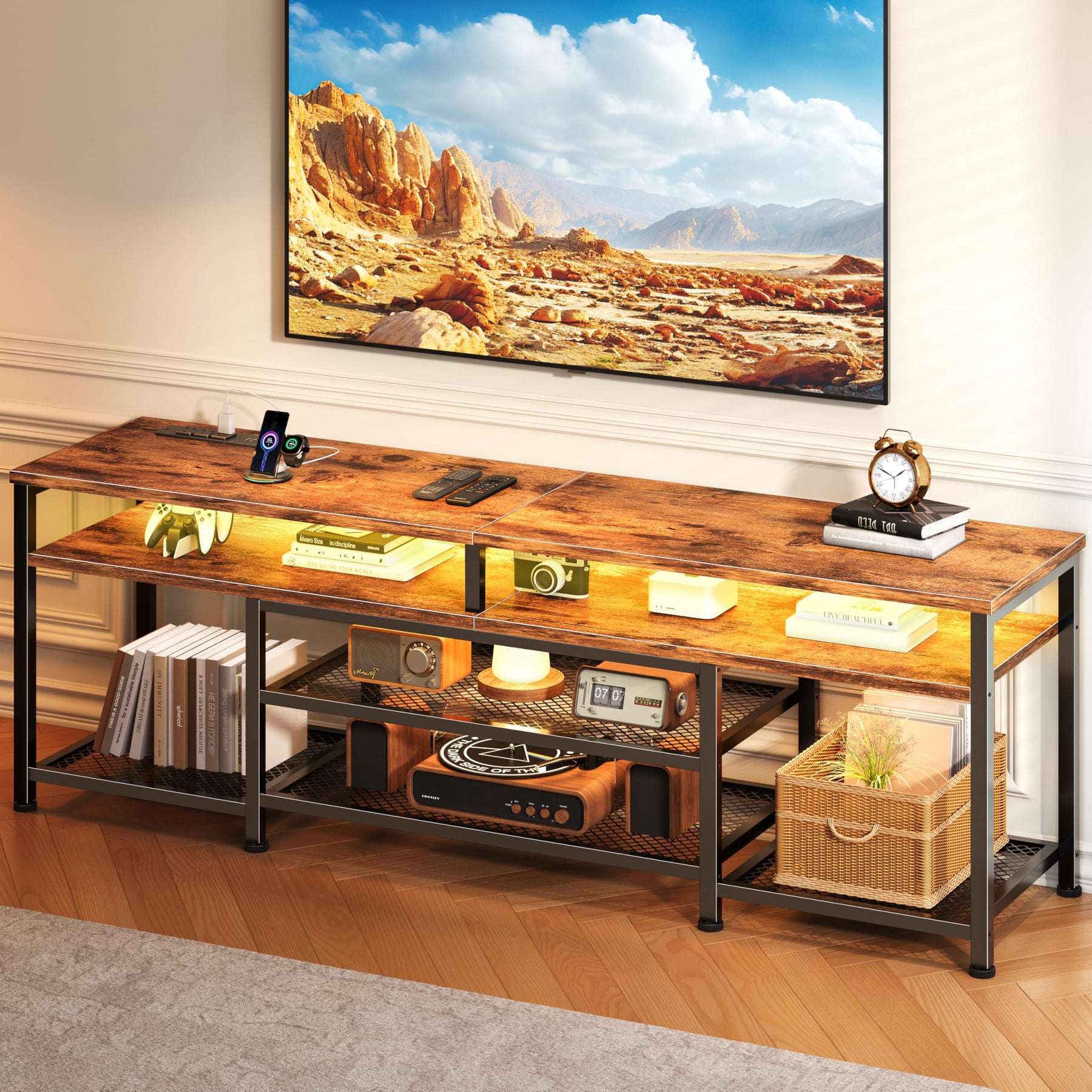 Furologee TV Stand with Power Outlets and LED Lights, 63 Inch Entertainment Center for 60 65 70 Inch TVs, Media Console Table with Open Shelves, for Bedroom, Living Room, Black