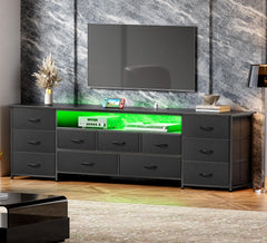 Huuger 63 Inch TV Stand for 65, 70 Inch TV, 11 Drawer Long Dresser with Power Outlets and LED Lights, Entertainment Center with Storage, Black Dresser with PU Leather Surface