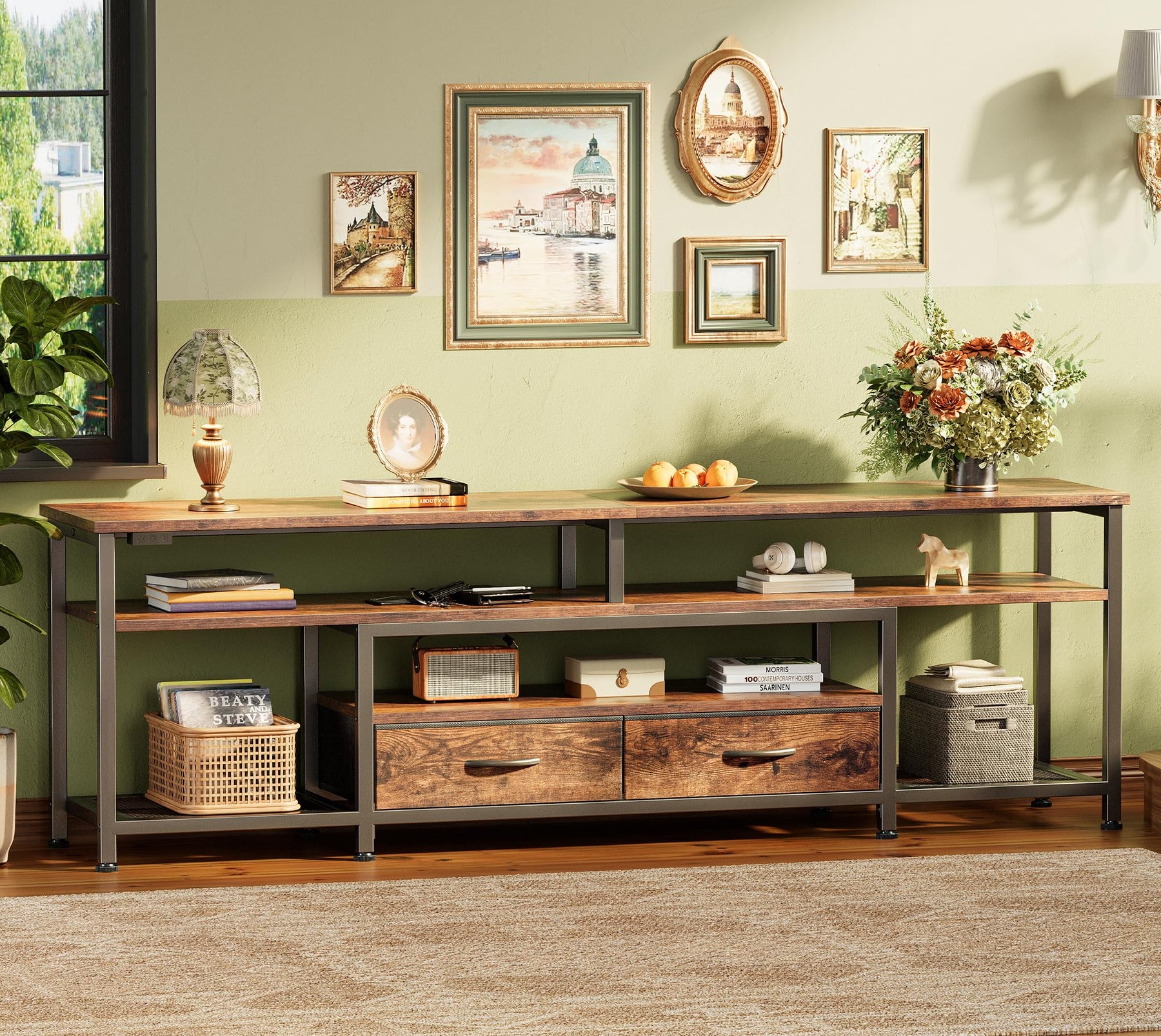 Huuger 63 Inch LED TV Stand for 65 70 Inch TV, Entertainment Center with Open Shelves and Power Outlets, TV Console for Living Room, Media Console with Drawers, Black