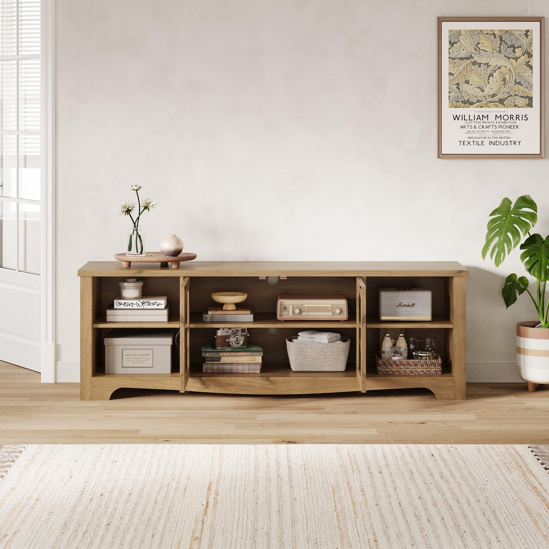 LINSY HOME Farmhouse TV Stand for 65 Inch TV, Wood Entertainment Center with Glass Door Storage Cabinet & Adjustable Shelves, Large Sturdy TV Console Table for Living Room Bedroom