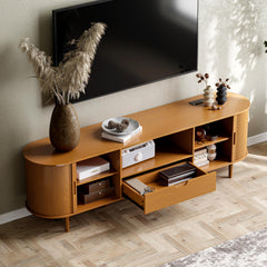 DHH 86.6" Fluted TV Stand with Power Outlet for TVs up to 90", TV Console with Adjustable Shelves and Sliding Door,Mid Century Modern Entertainment Center for Living Room,Bedroom (Walnut)