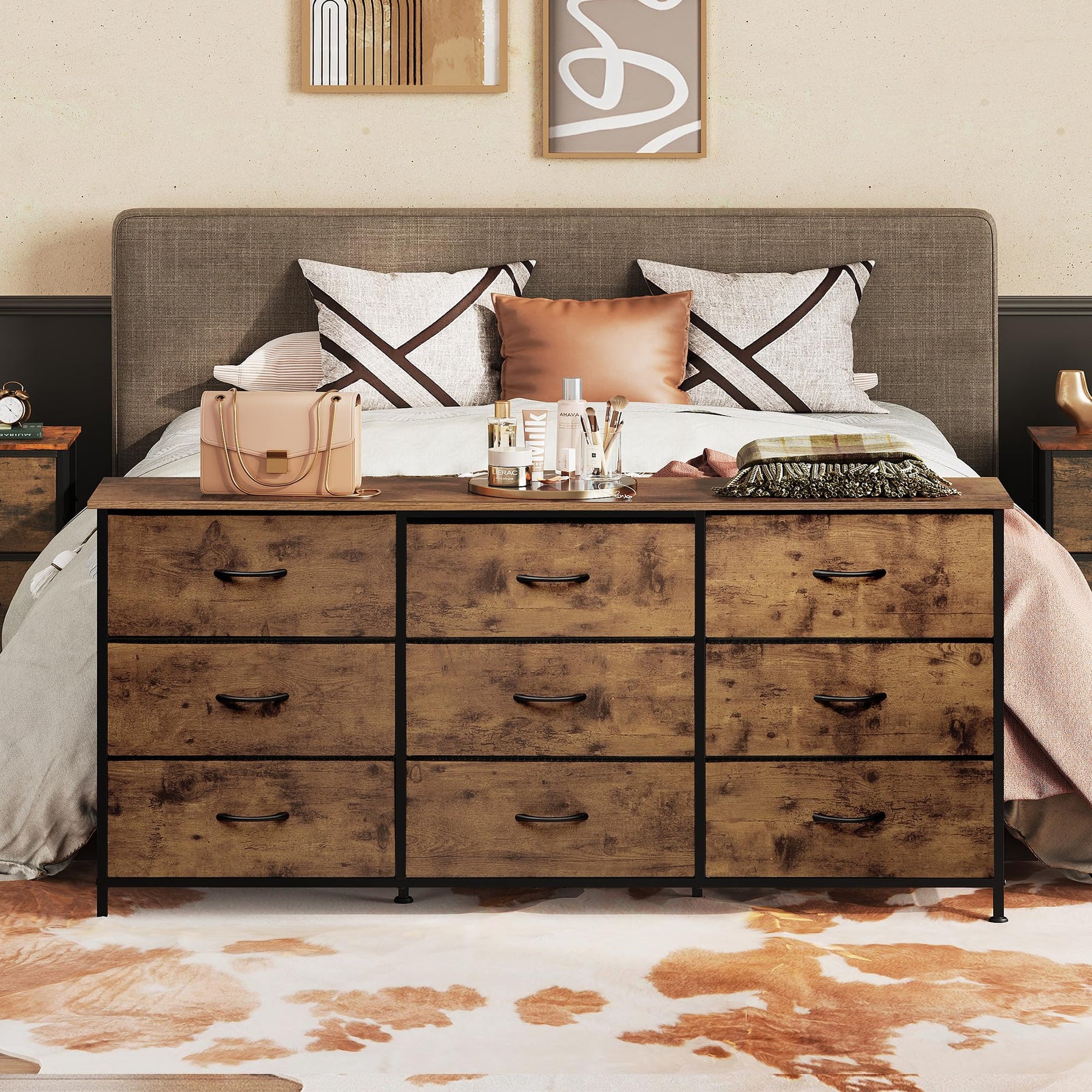 WLIVE Dresser TV Stand for 75 Inch TV, 9 Drawer Dresser for Bedroom, Black